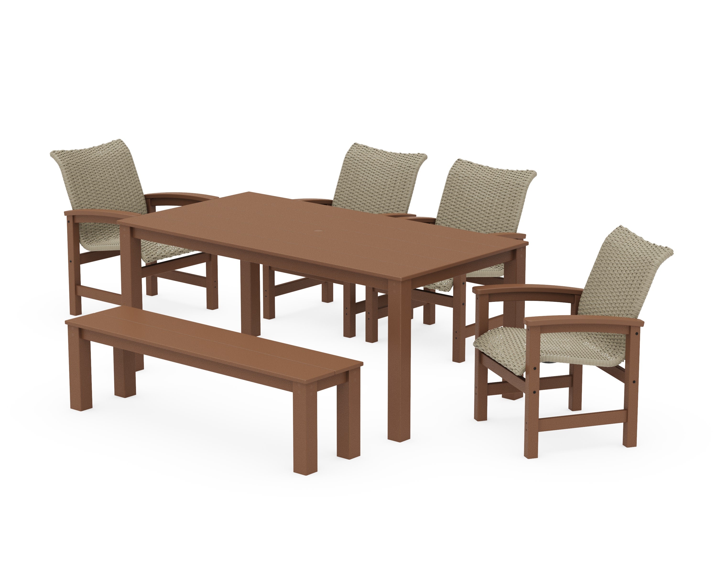 Coastal Woven 6-Piece Parsons Dining Set with Bench in Teak / Dune Grass