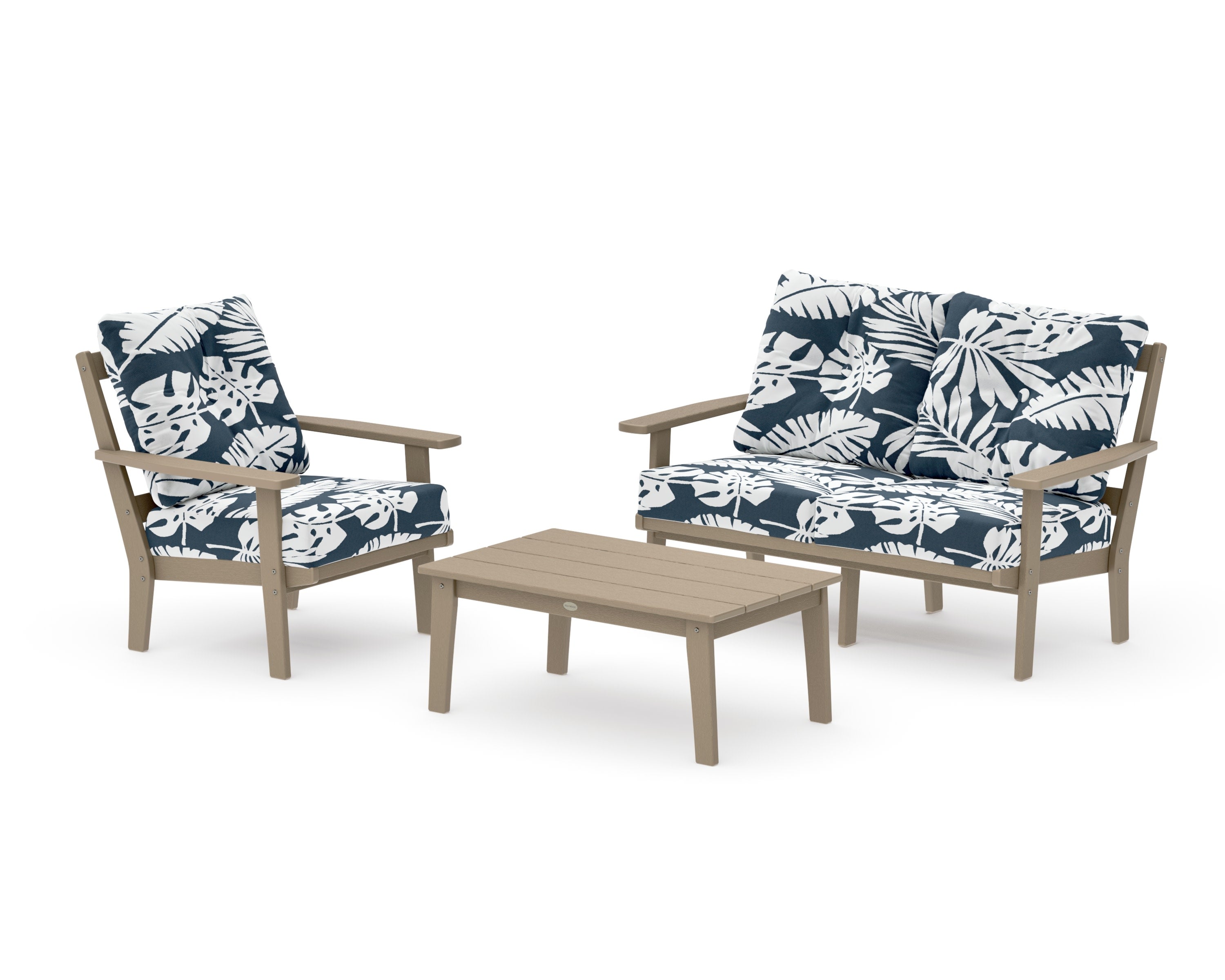 Oxford 3-Piece Deep Seating Set with Loveseat in Vintage Sahara / Leaf Marine Indigo