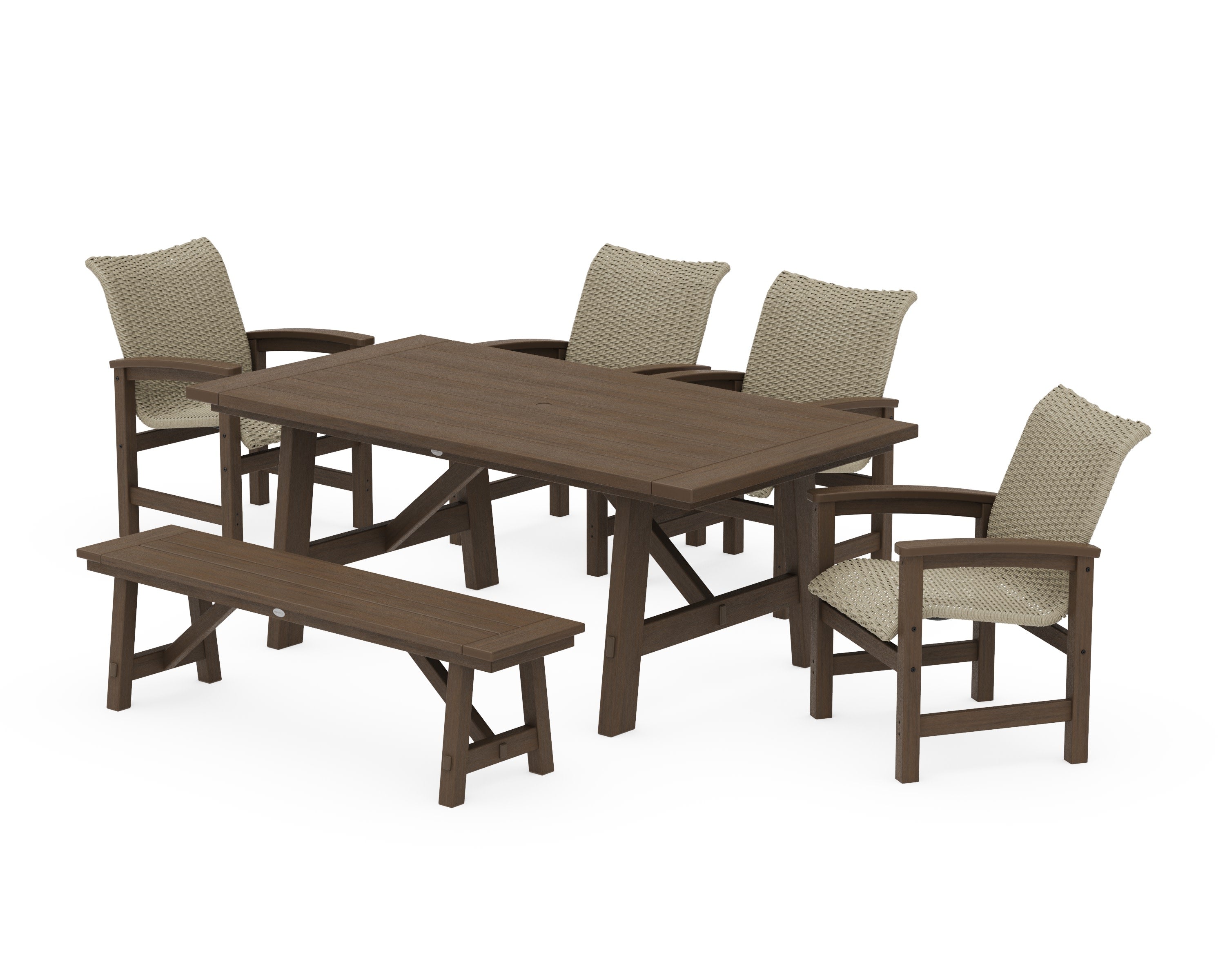Coastal Woven 6-Piece Rustic Farmhouse Dining Set with Bench in Kona / Dune Grass