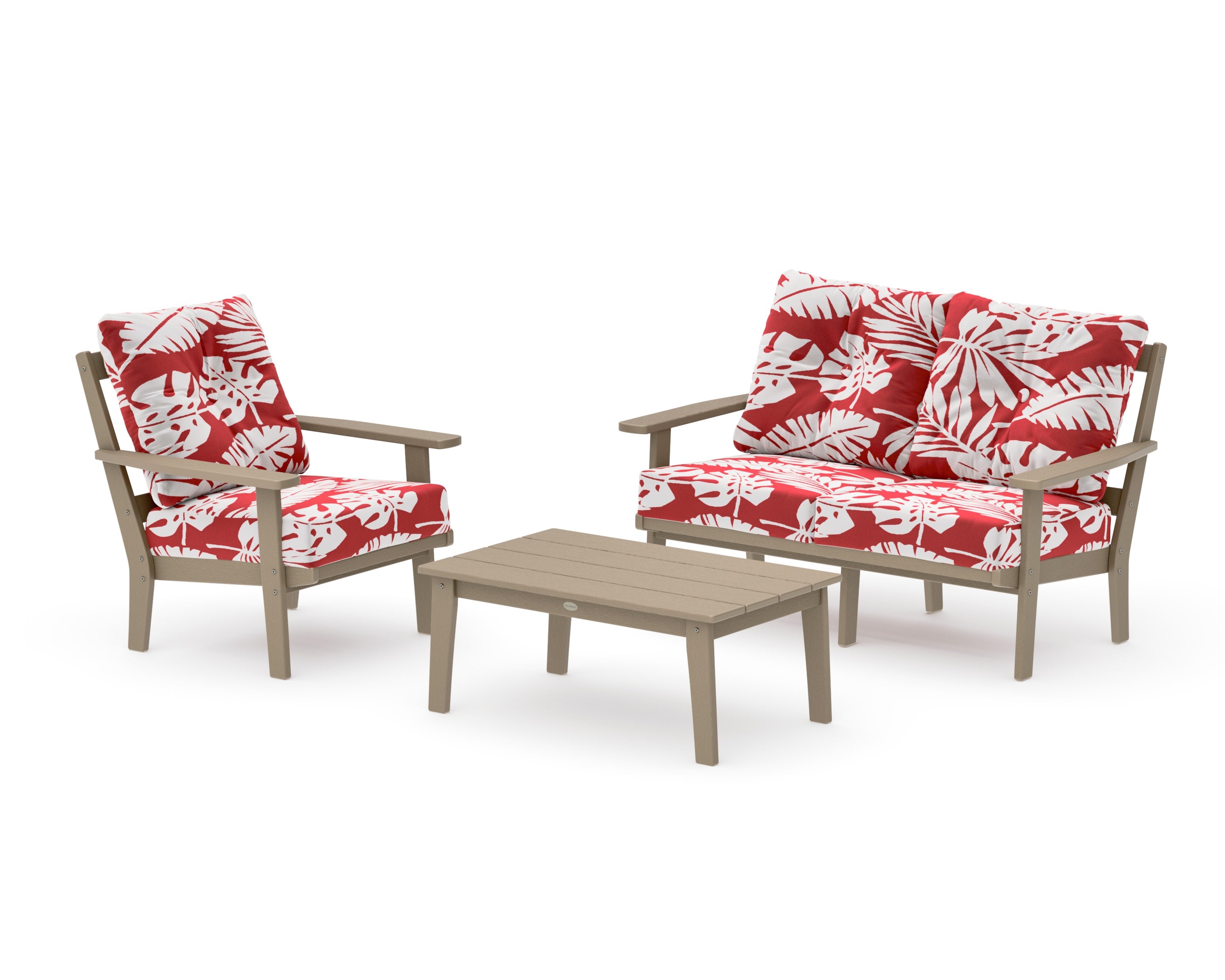 Oxford 3-Piece Deep Seating Set with Loveseat in Vintage Sahara / Leaf Crimson