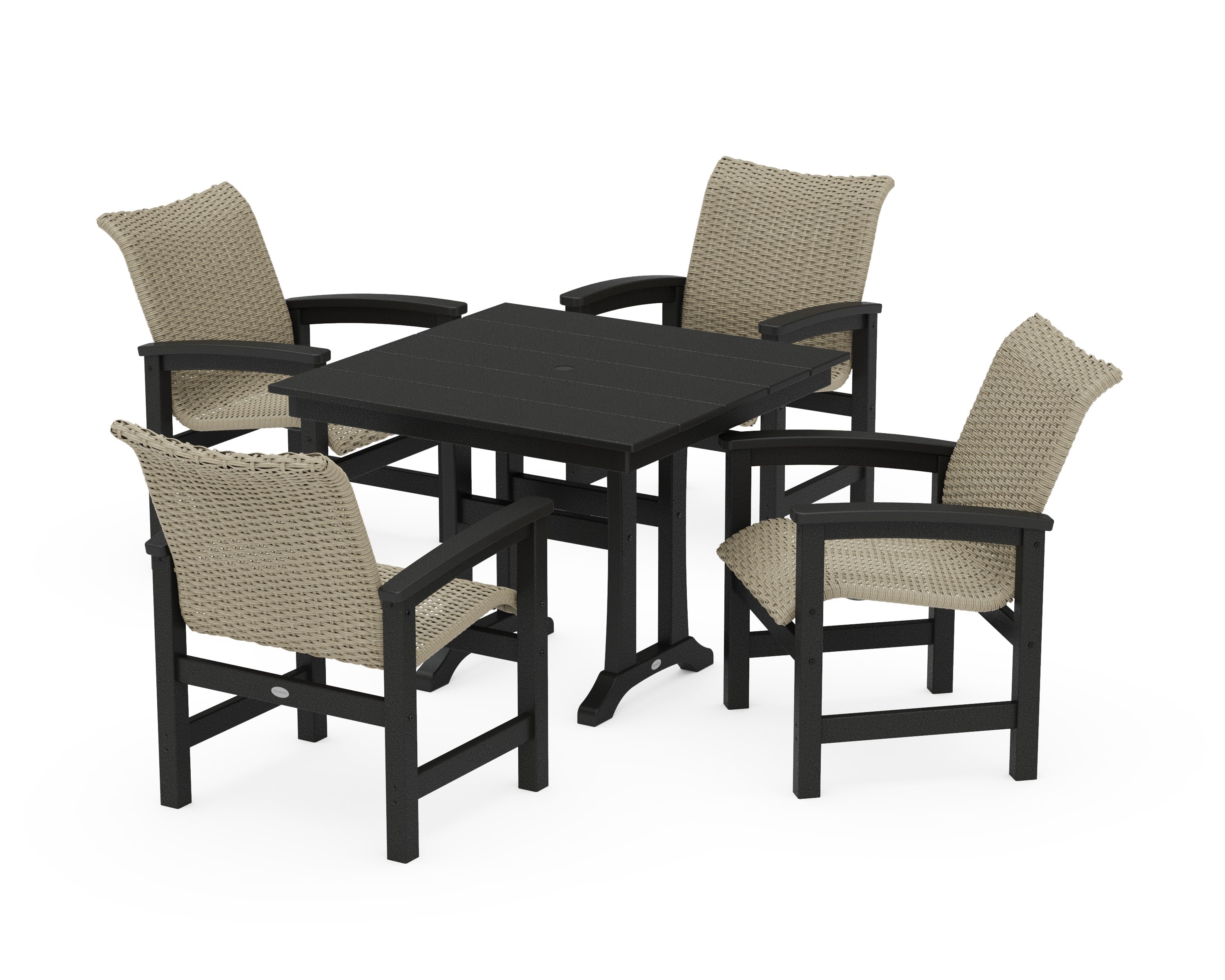 Coastal Woven 5-Piece Farmhouse Dining Set with Trestle Legs in Black / Dune Grass