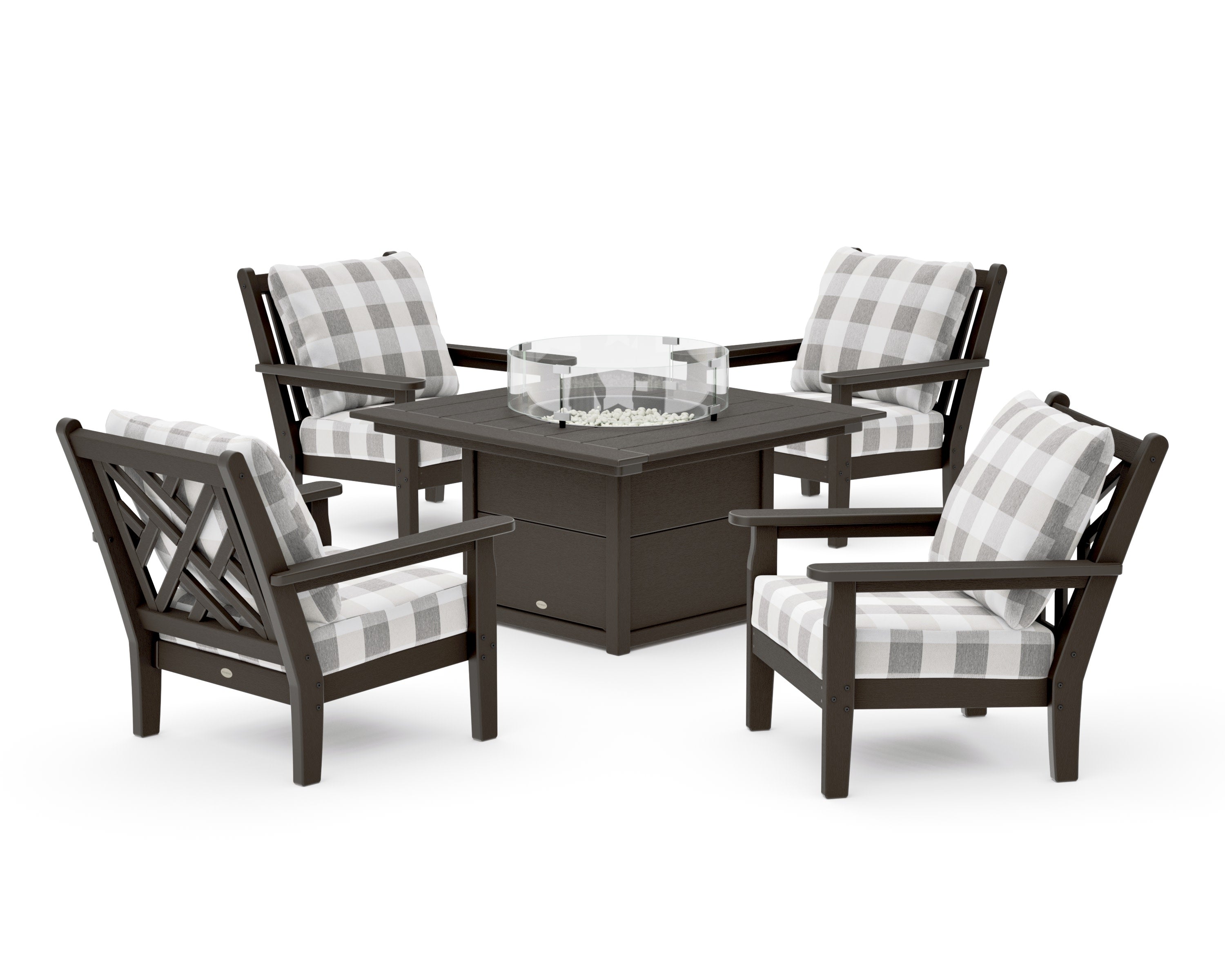 Chippendale 5-Piece Deep Seating Set with Fire Pit Table in Vintage Coffee / Buffalo Plaid Grey Mist