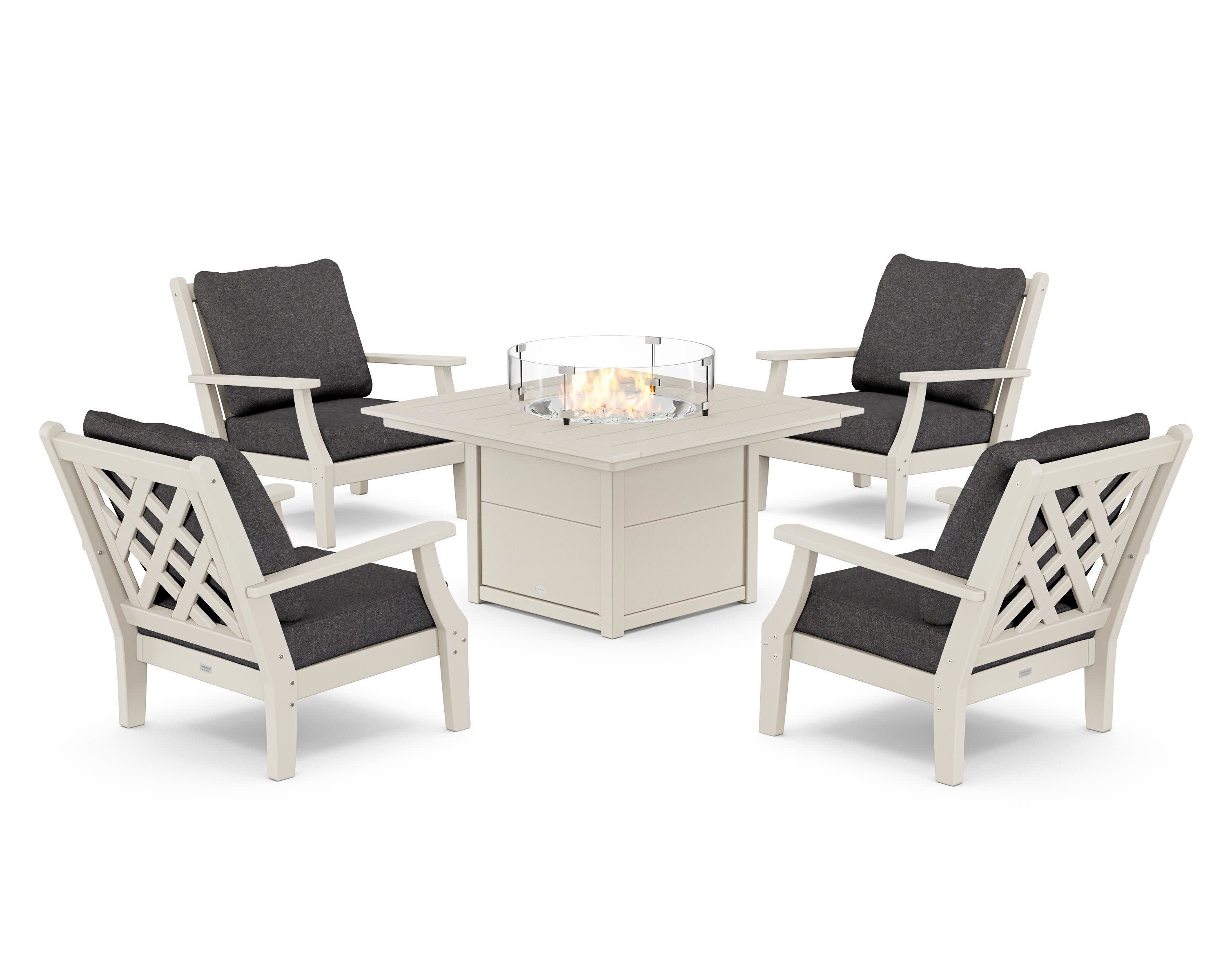 Wovendale 5-Piece Deep Seating Set with Fire Pit Table in Sand / Ash Charcoal