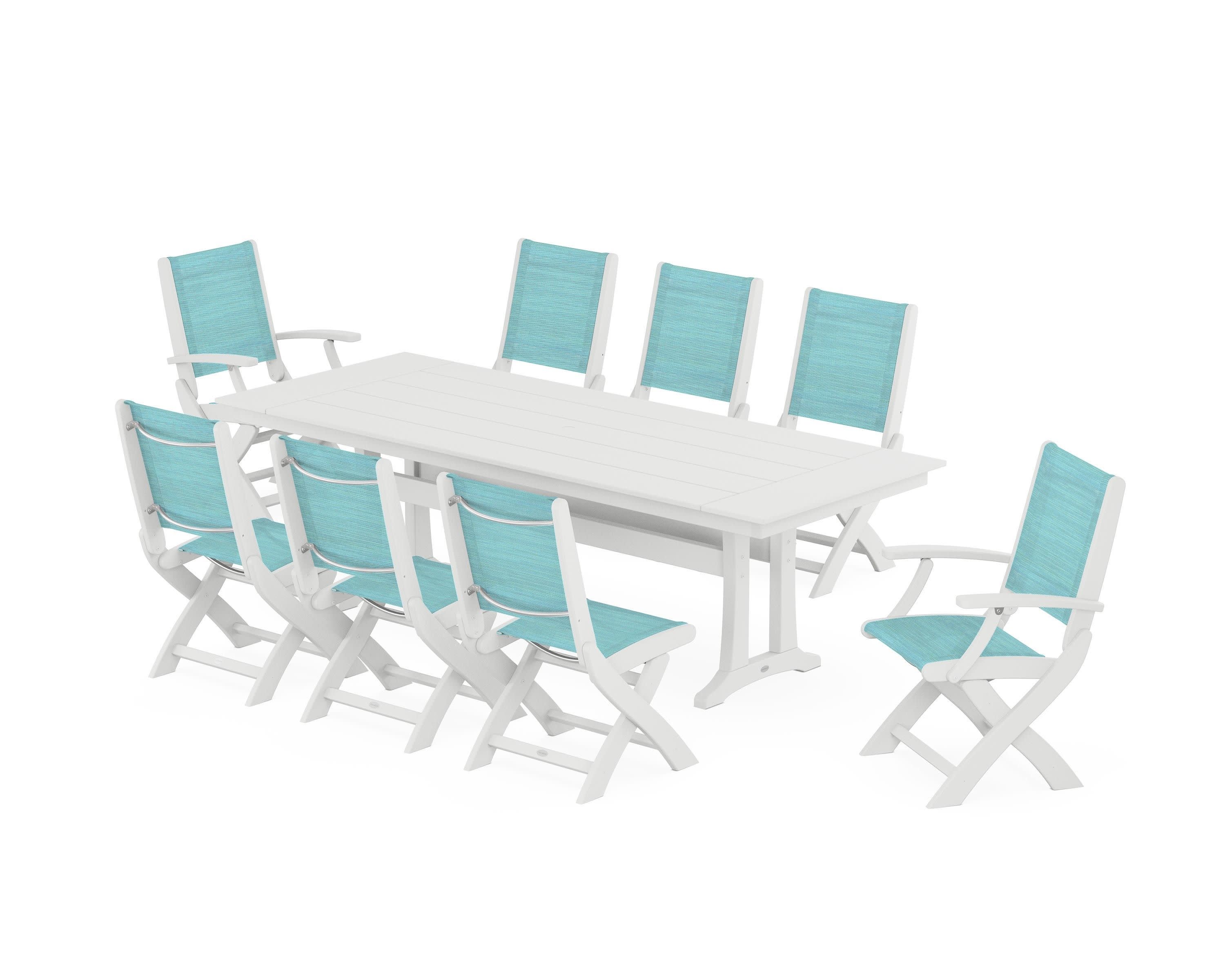 Coastal 9-Piece Folding Dining Chair Farmhouse Dining Set with Trestle Legs in White / Dupioni Aquamarine Sling