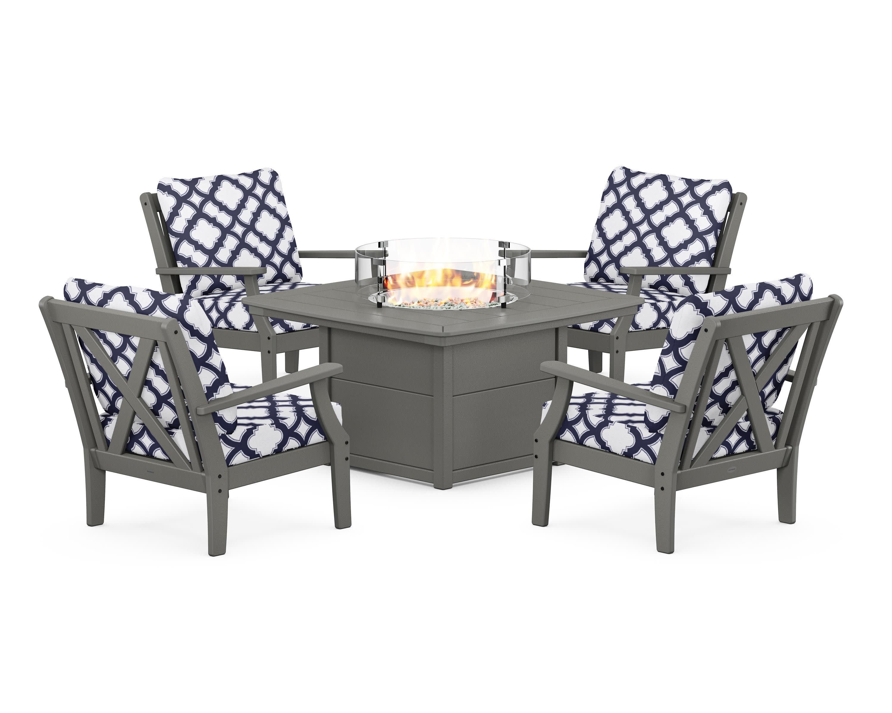 Braxton 5-Piece Deep Seating Conversation Set with Fire Pit Table in Slate Grey / Trellis Navy