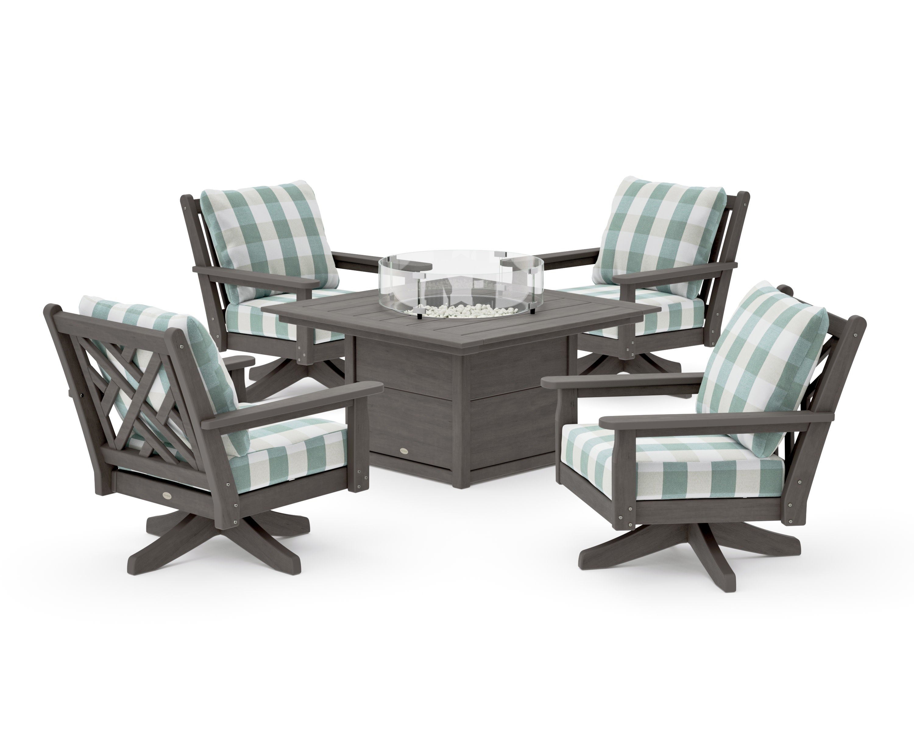 Chippendale 5-Piece Deep Seating Swivel Conversation Set with Fire Pit Table in Driftwood / Buffalo Plaid Glacier Spa