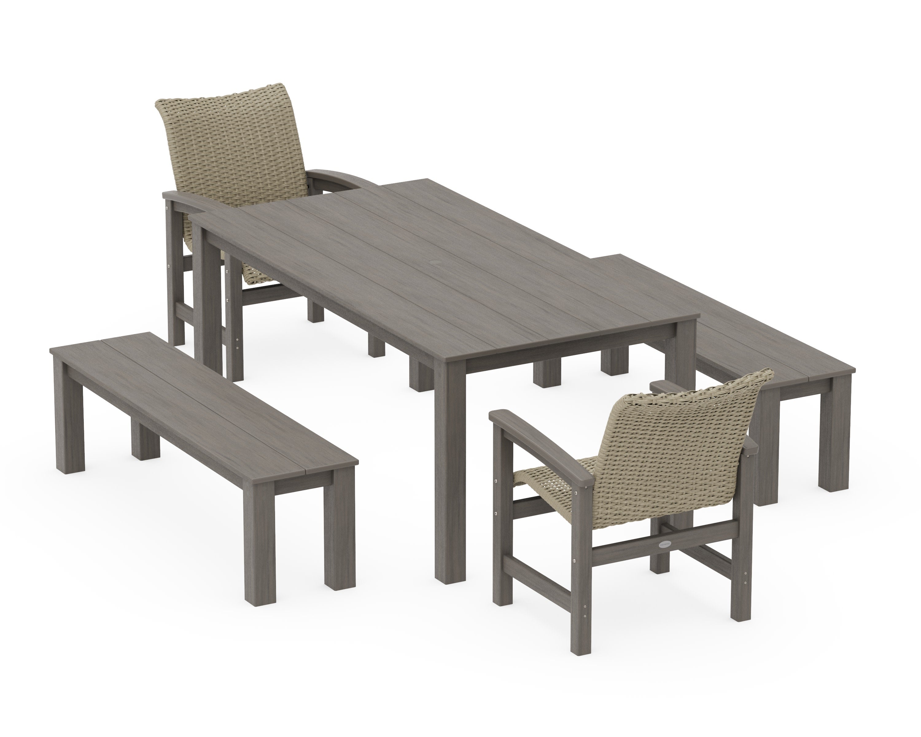 Coastal Woven 5-Piece Parsons Dining Set with Benches in Driftwood / Dune Grass