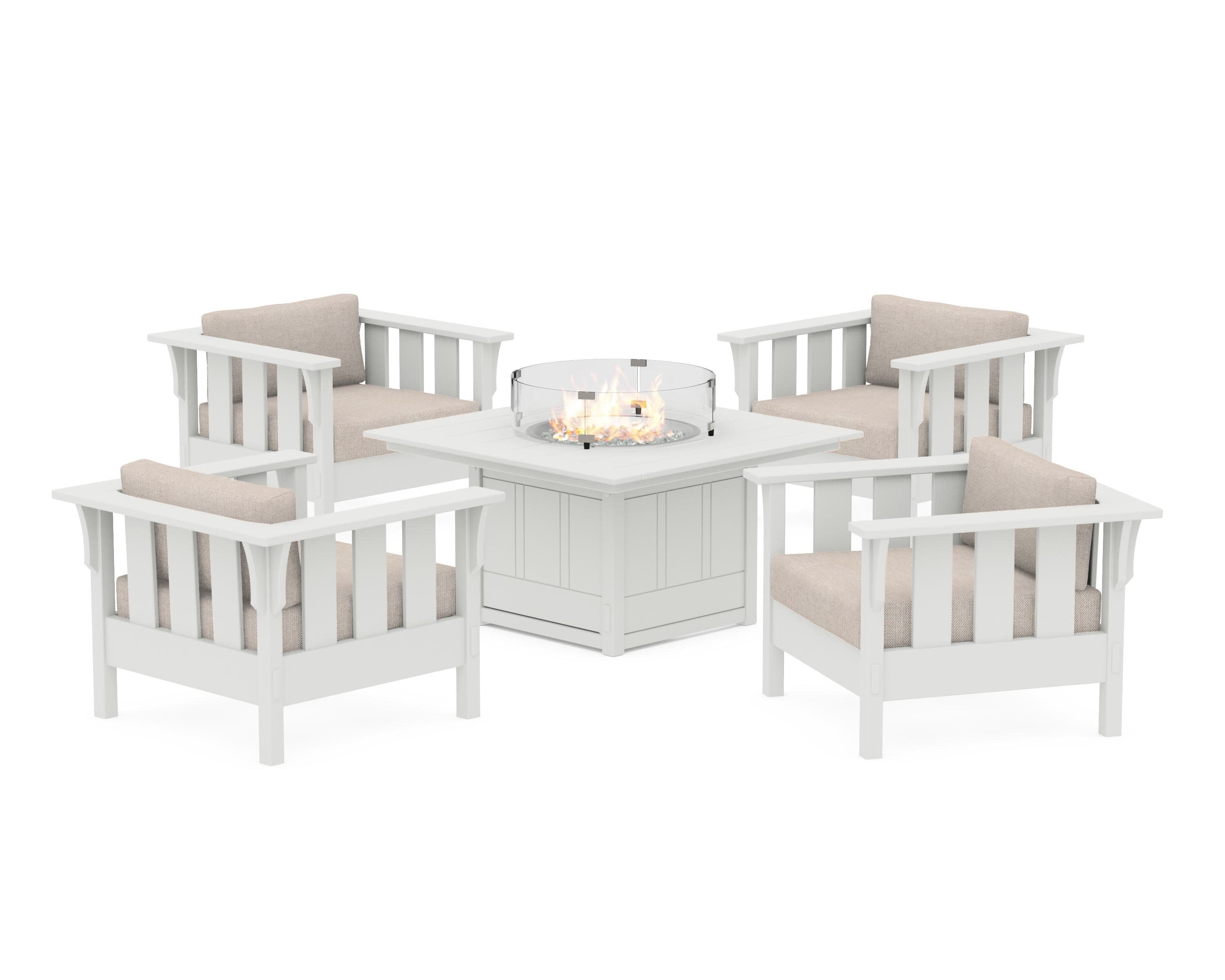 Acadia 5-Piece Deep Seating Set with Fire Pit Table in Vintage White / Blend Linen