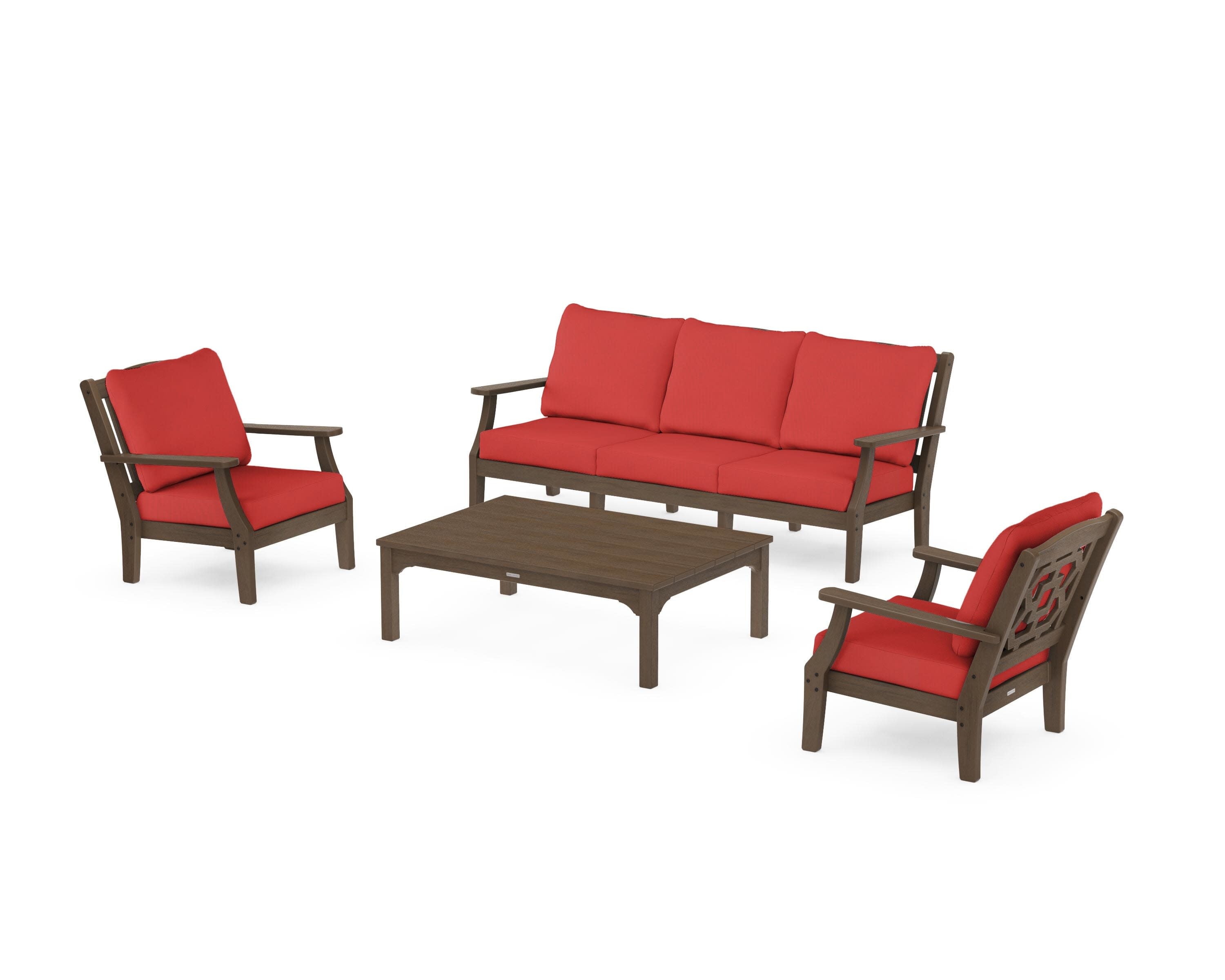 Chinoiserie 4-Piece Deep Seating Set with Sofa in Kona / Crimson Linen