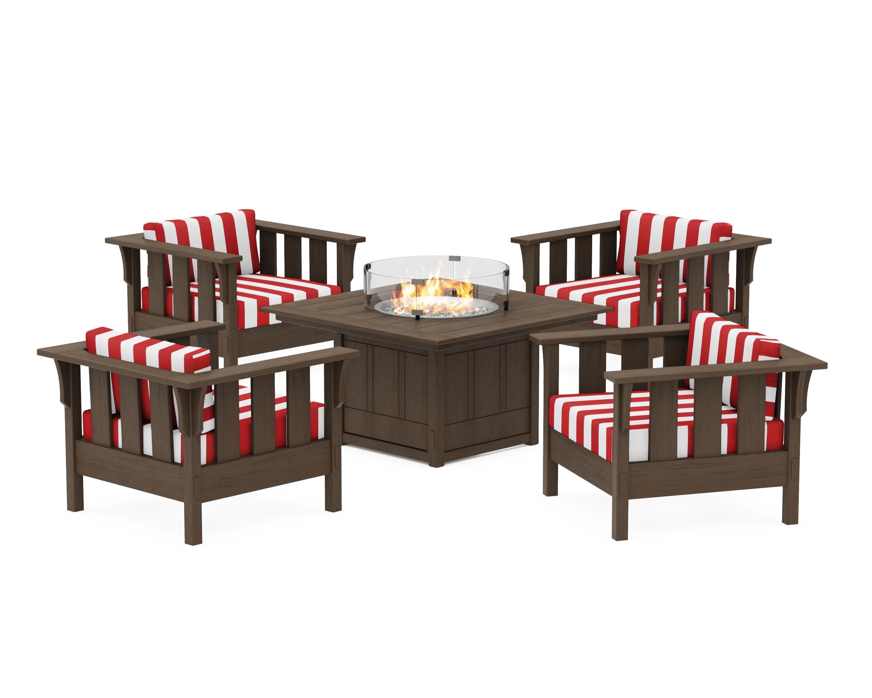 Acadia 5-Piece Deep Seating Set with Fire Pit Table in Kona / Cabana Stripe Crimson