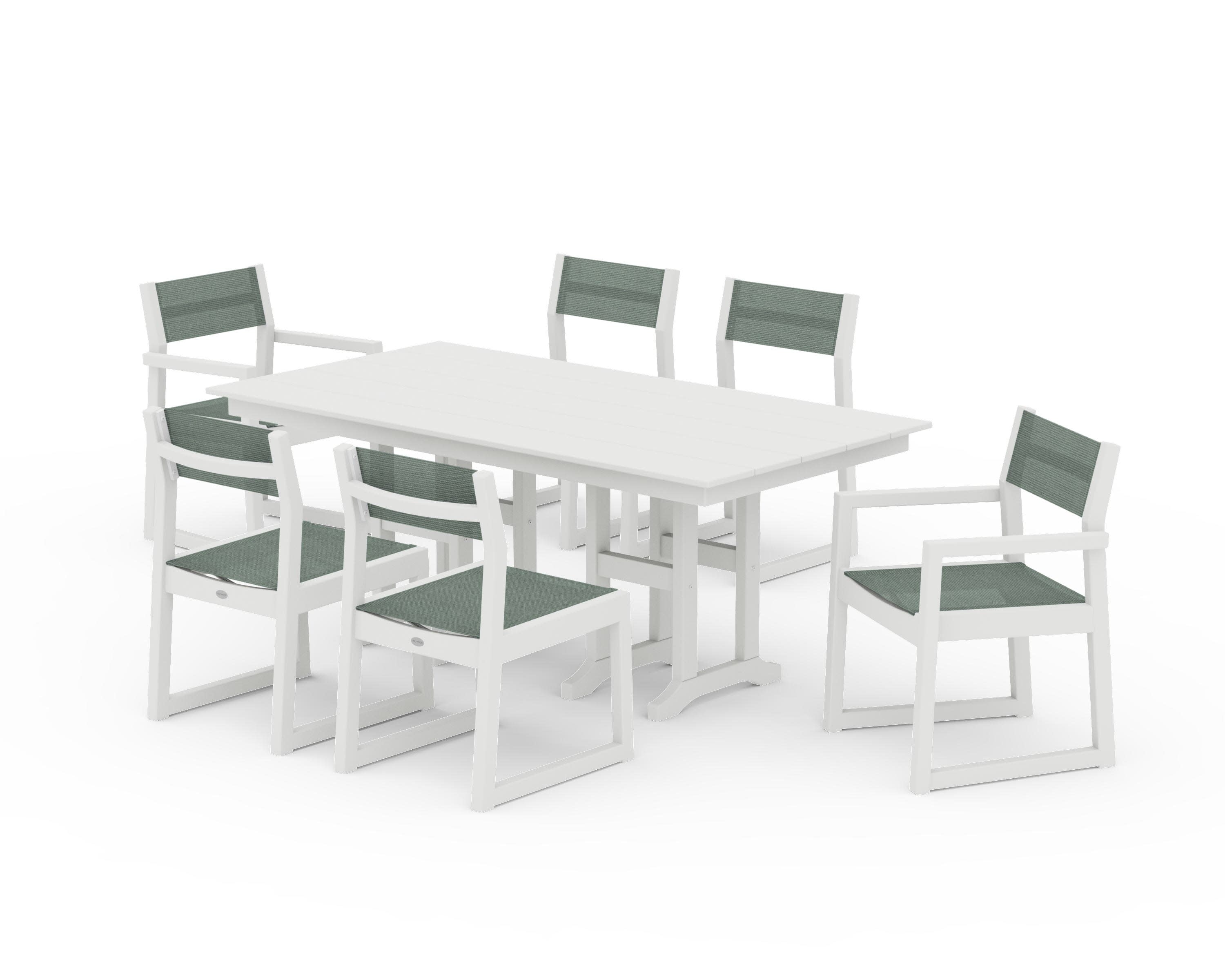 EDGE Sling 7-Piece Farmhouse Dining Set in Vintage White / Dupioni Sea Mist Sling