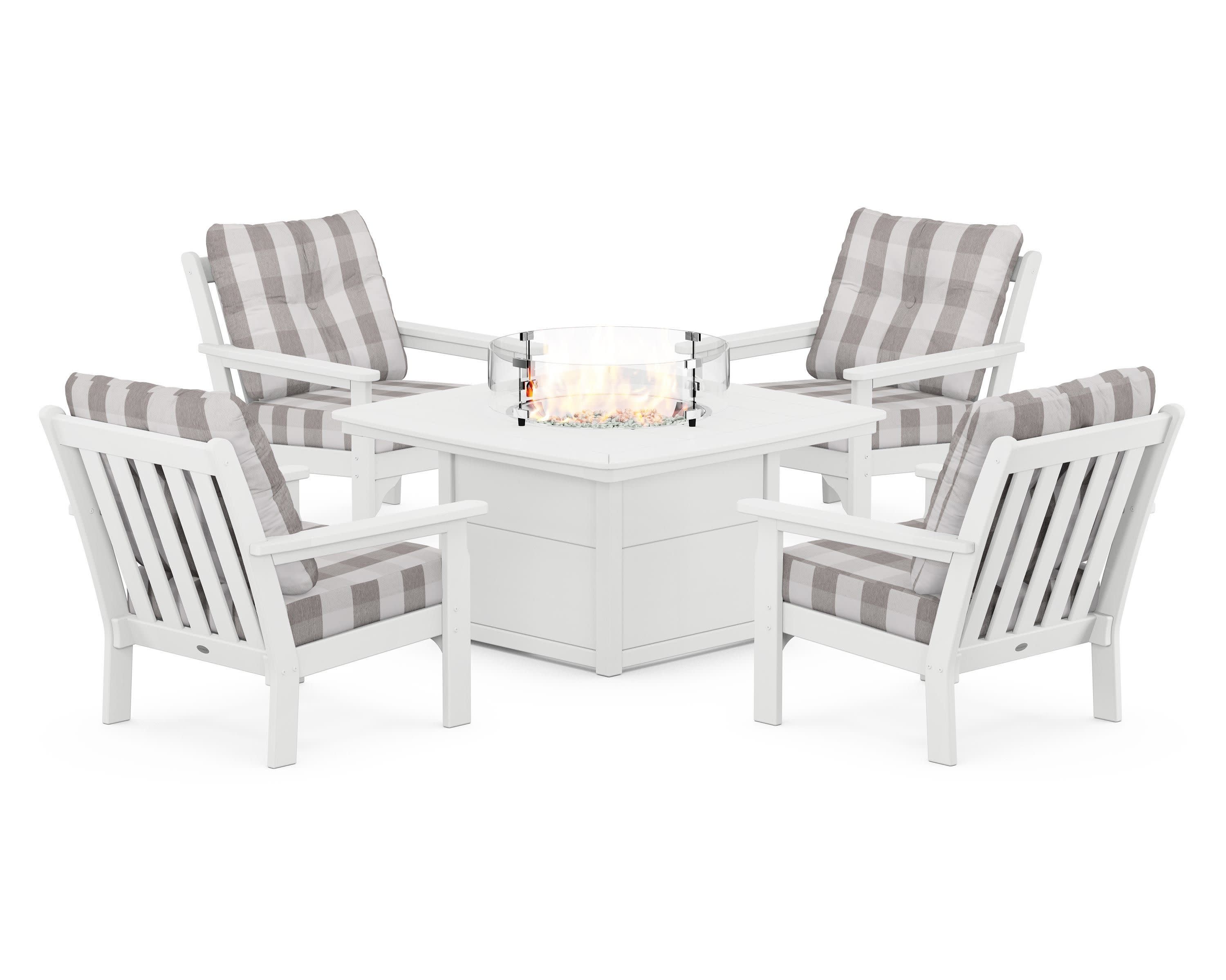 Vineyard 5-Piece Conversation Set with Fire Pit Table in White / Buffalo Plaid Grey Mist