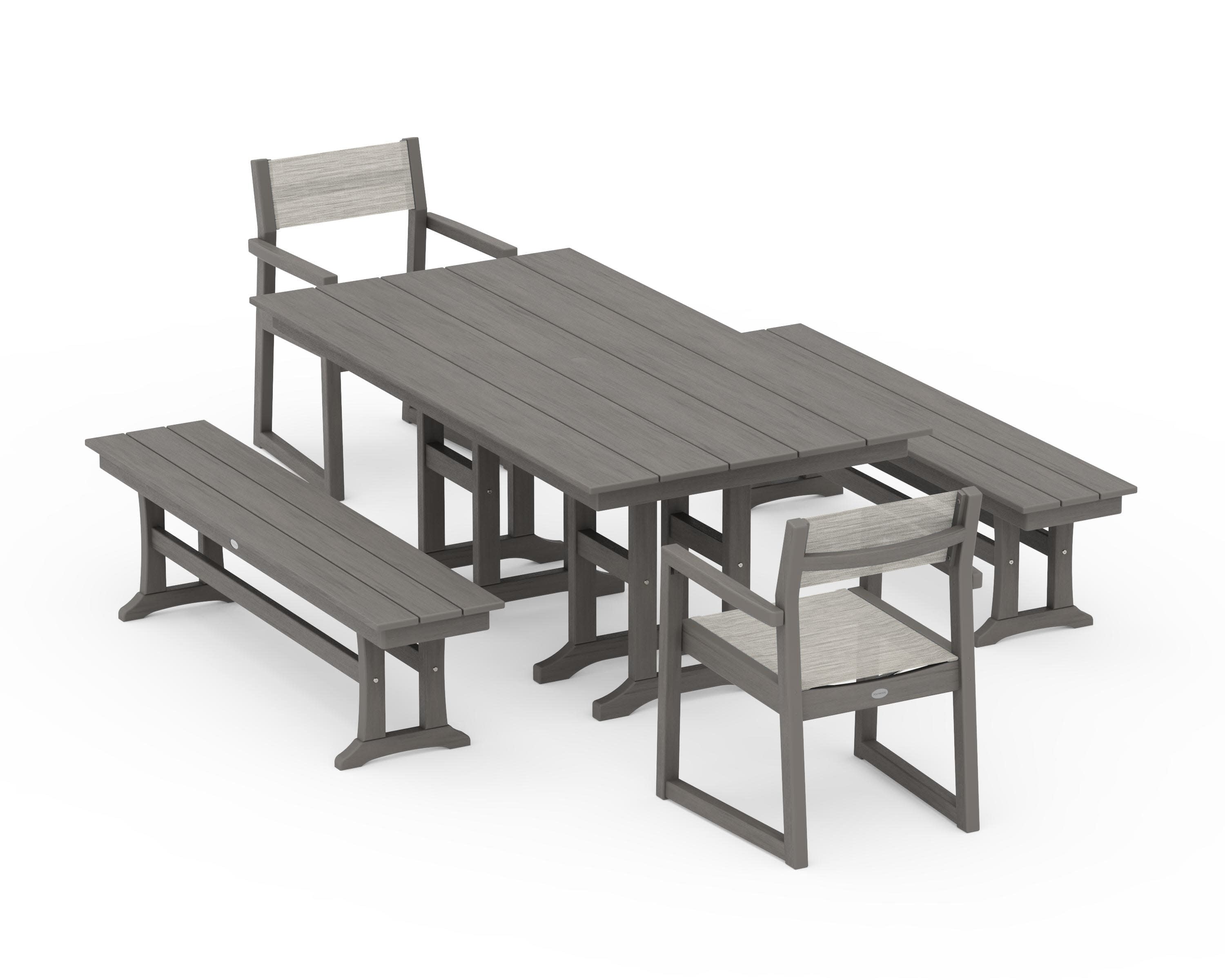 EDGE Sling Arm Chair 5-Piece Farmhouse Dining Set with Benches in Driftwood / Birch Sling