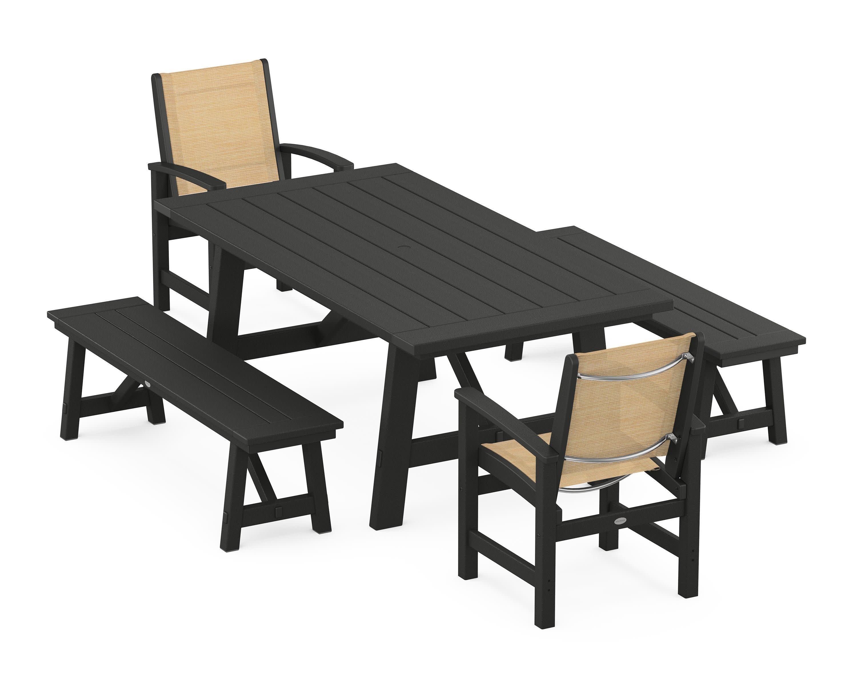 Coastal 5-Piece Rustic Farmhouse Dining Set With Benches in Black / Dupioni Apricot Sling