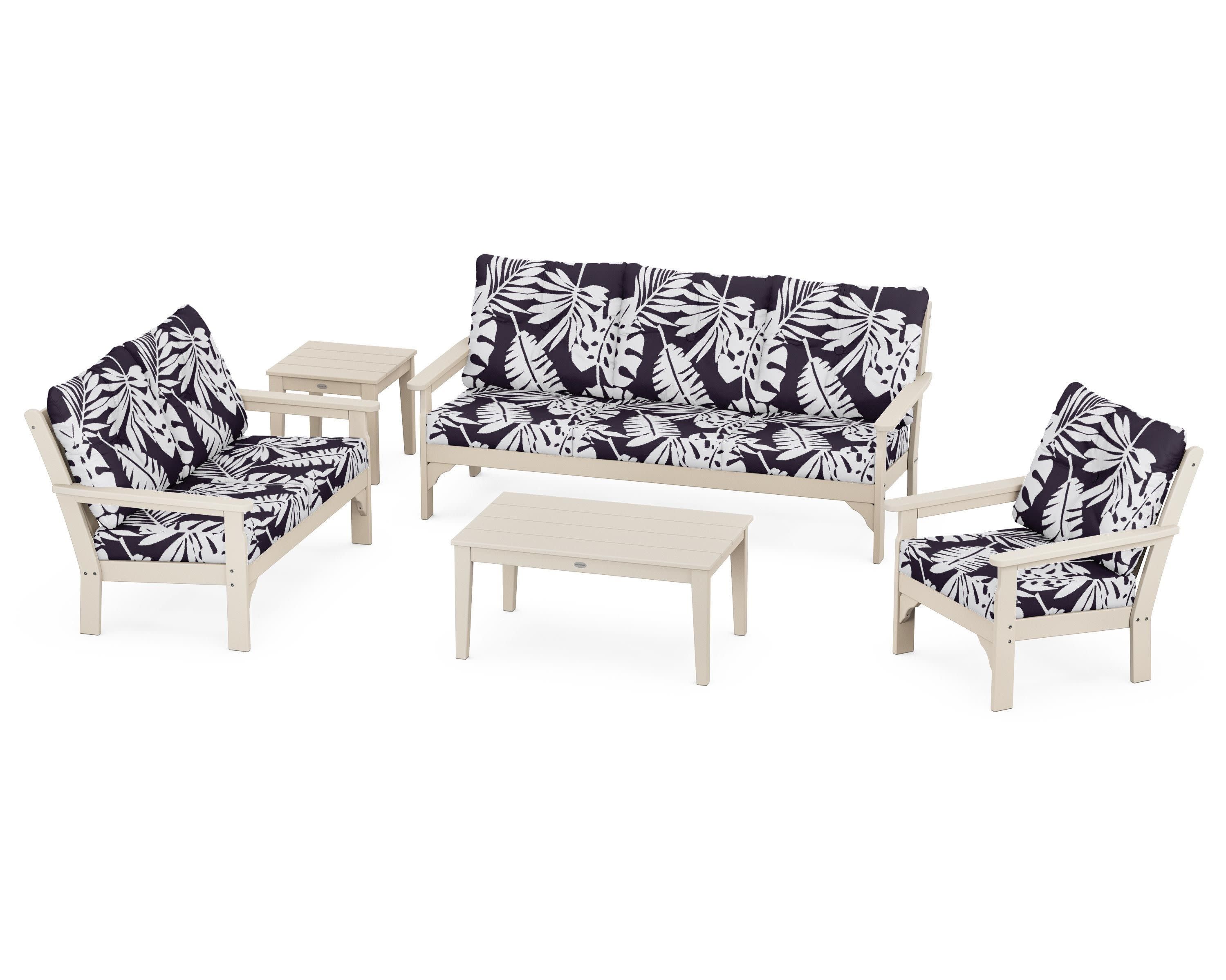 Vineyard 5 Piece Deep Seating Set in Sand / Leaf Navy