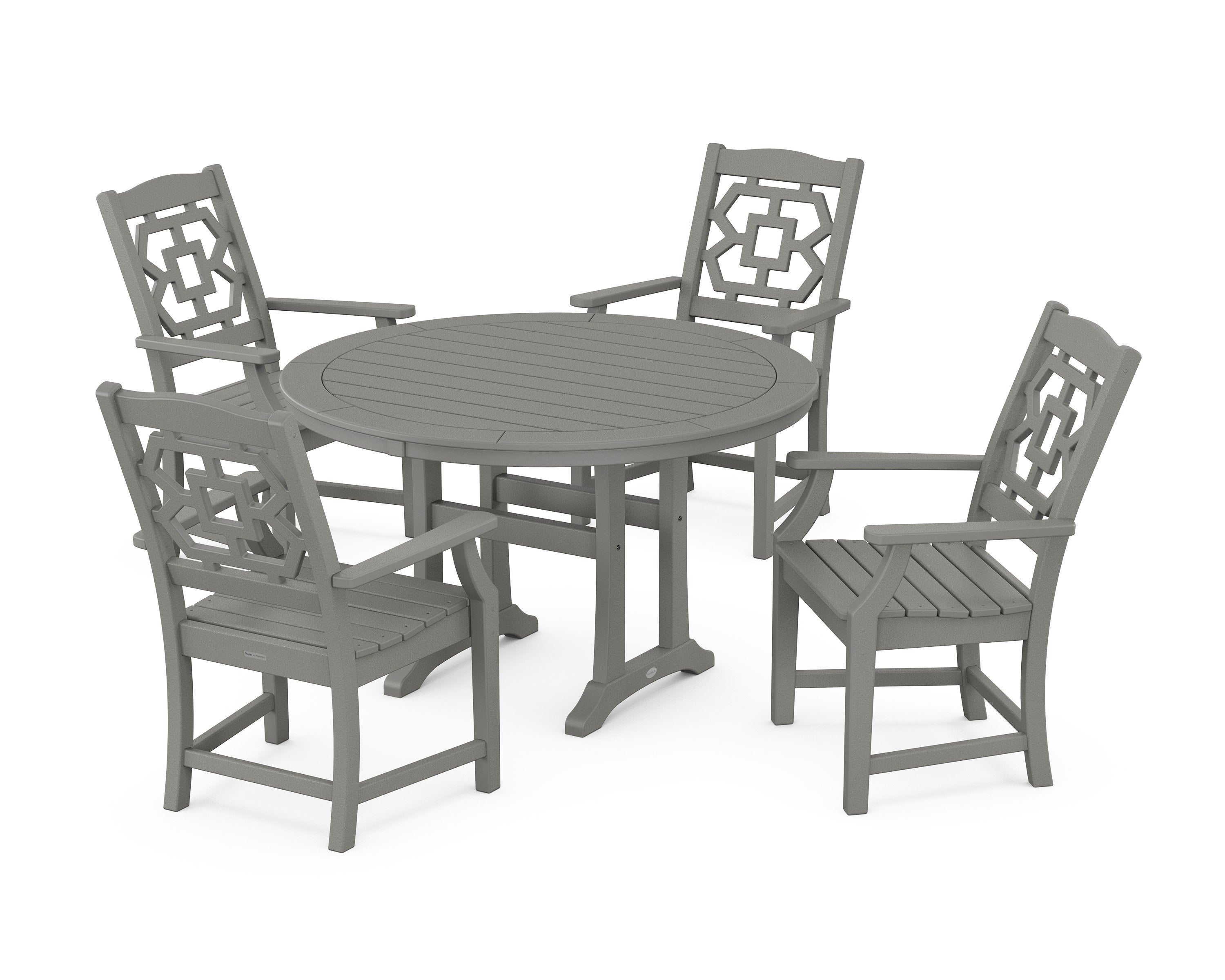 Chinoiserie 5-Piece Round Dining Set with Trestle Legs in Slate Grey