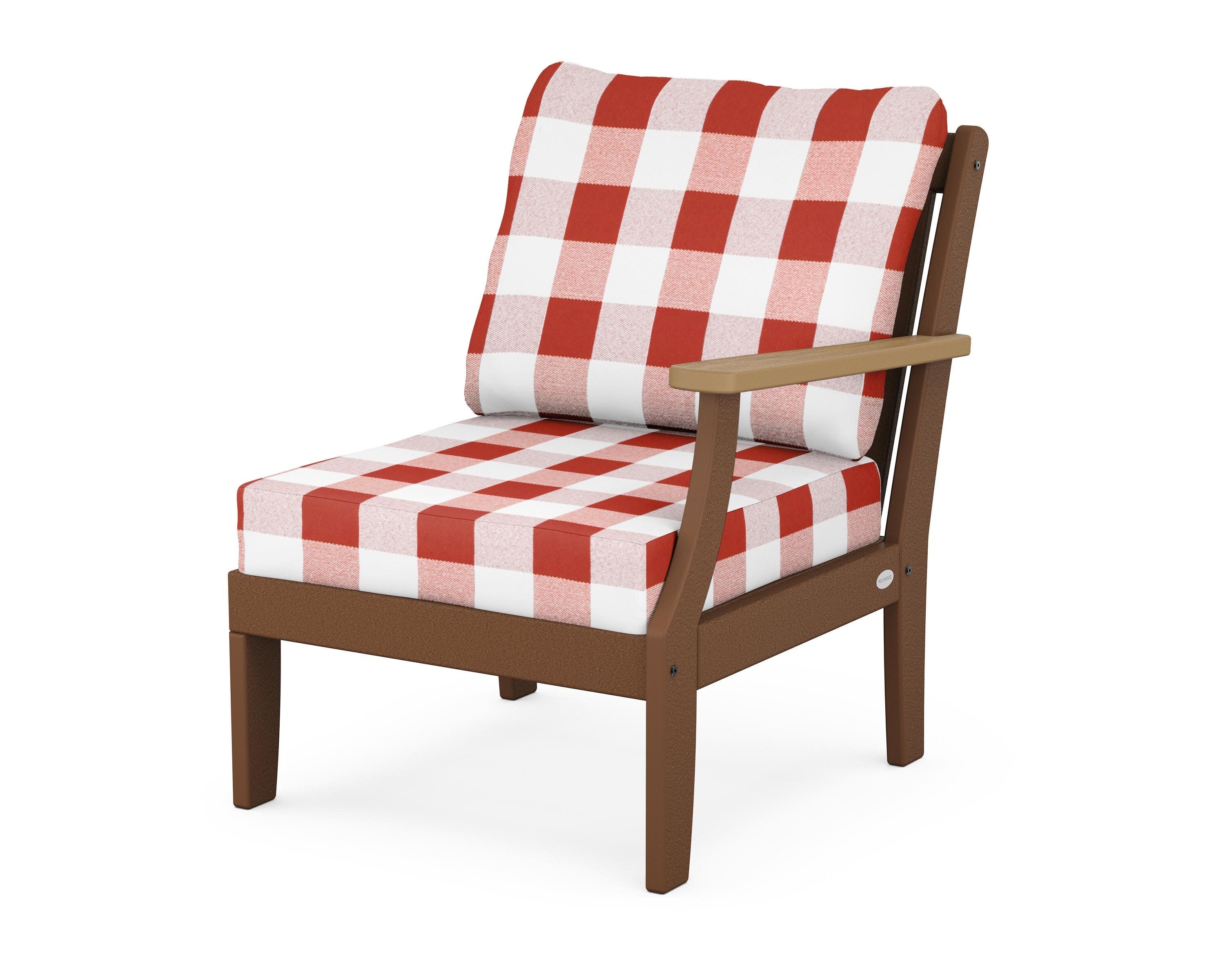 Braxton Modular Right Arm Chair in Teak / Natural / Buffalo Plaid Crimson