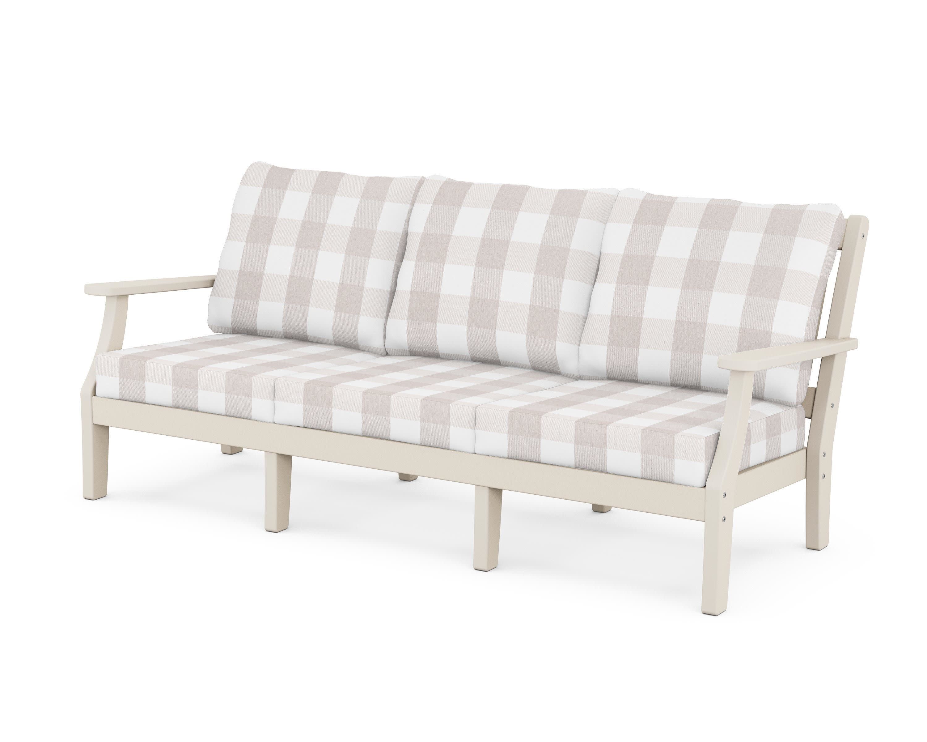 Chinoiserie Deep Seating Sofa in Sand / Buffalo Plaid Dune Burlap