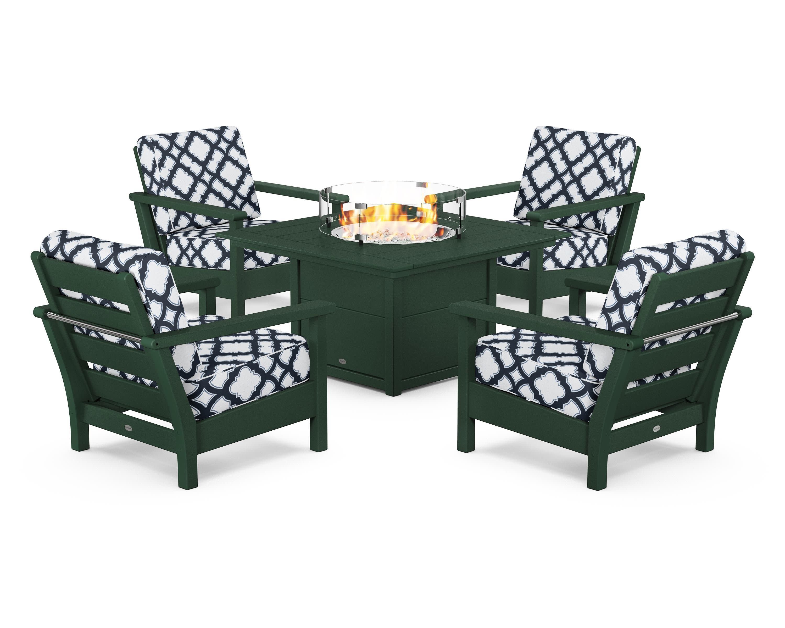 Harbour 5-Piece Conversation Set with Fire Pit Table in Green / Trellis Marine Indigo
