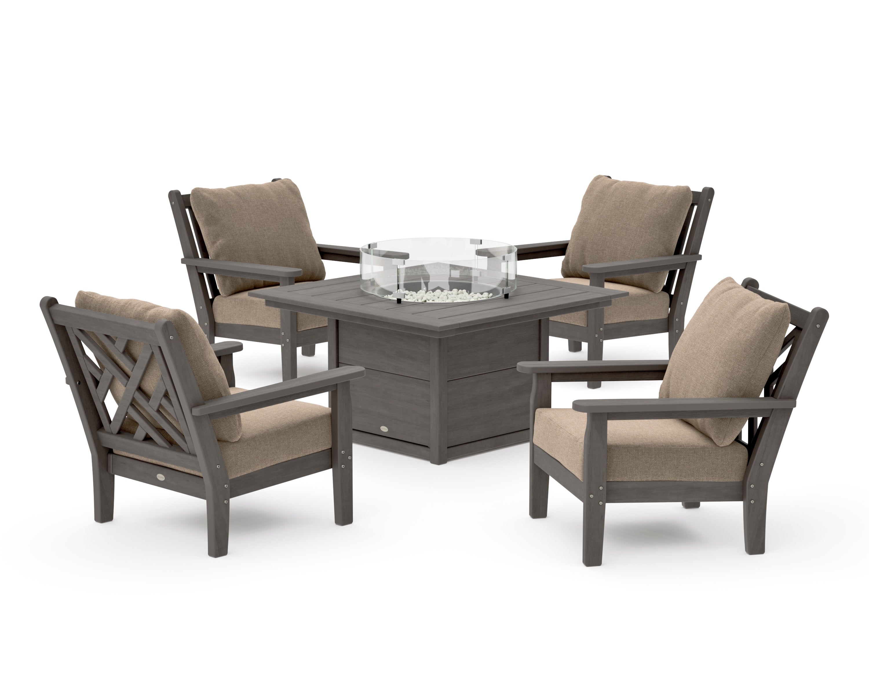 Chippendale 5-Piece Deep Seating Set with Fire Pit Table in Driftwood / Spiced Burlap