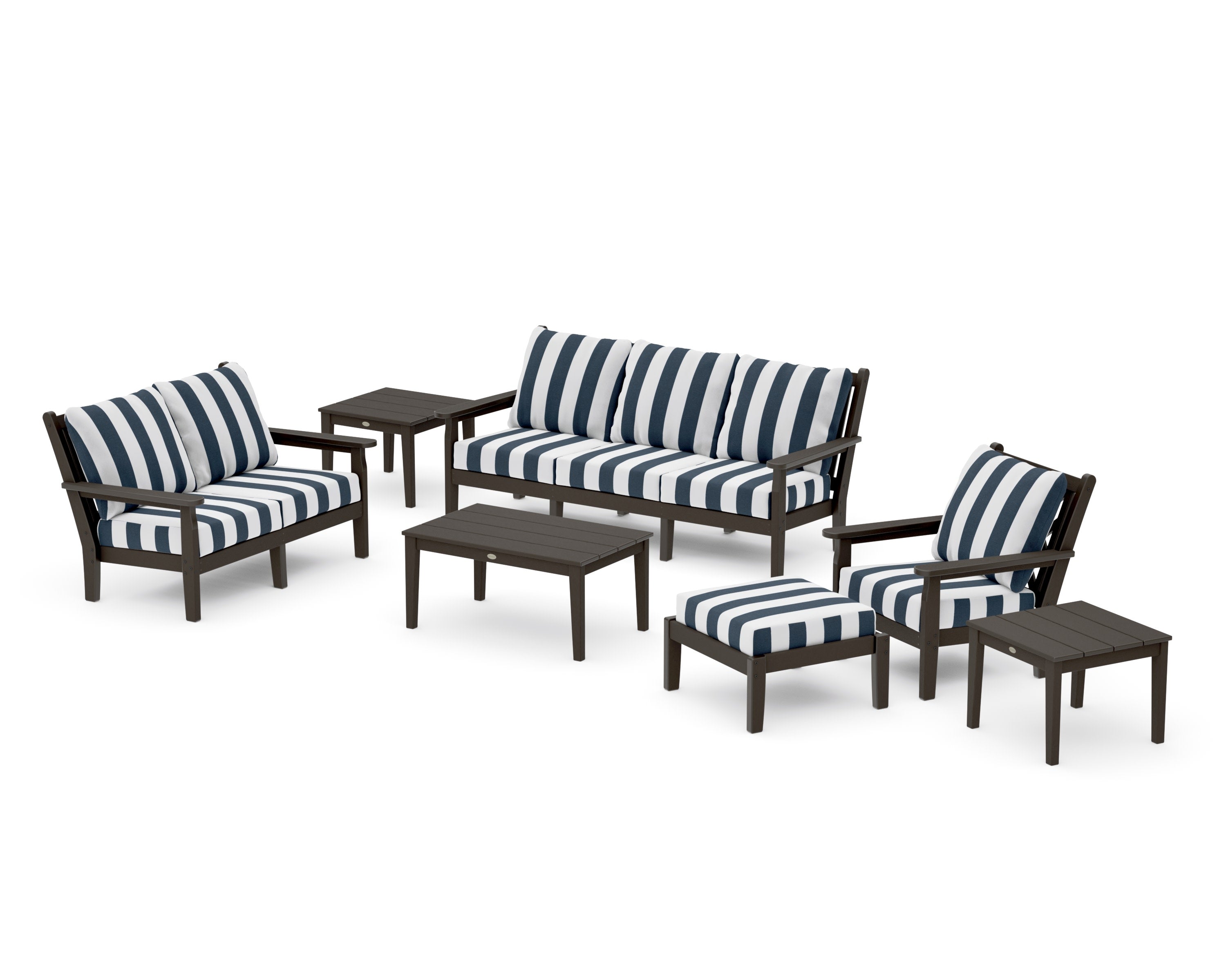 Chippendale 7-Piece Deep Seating Set in Vintage Coffee / Cabana Stripe Marine Indigo