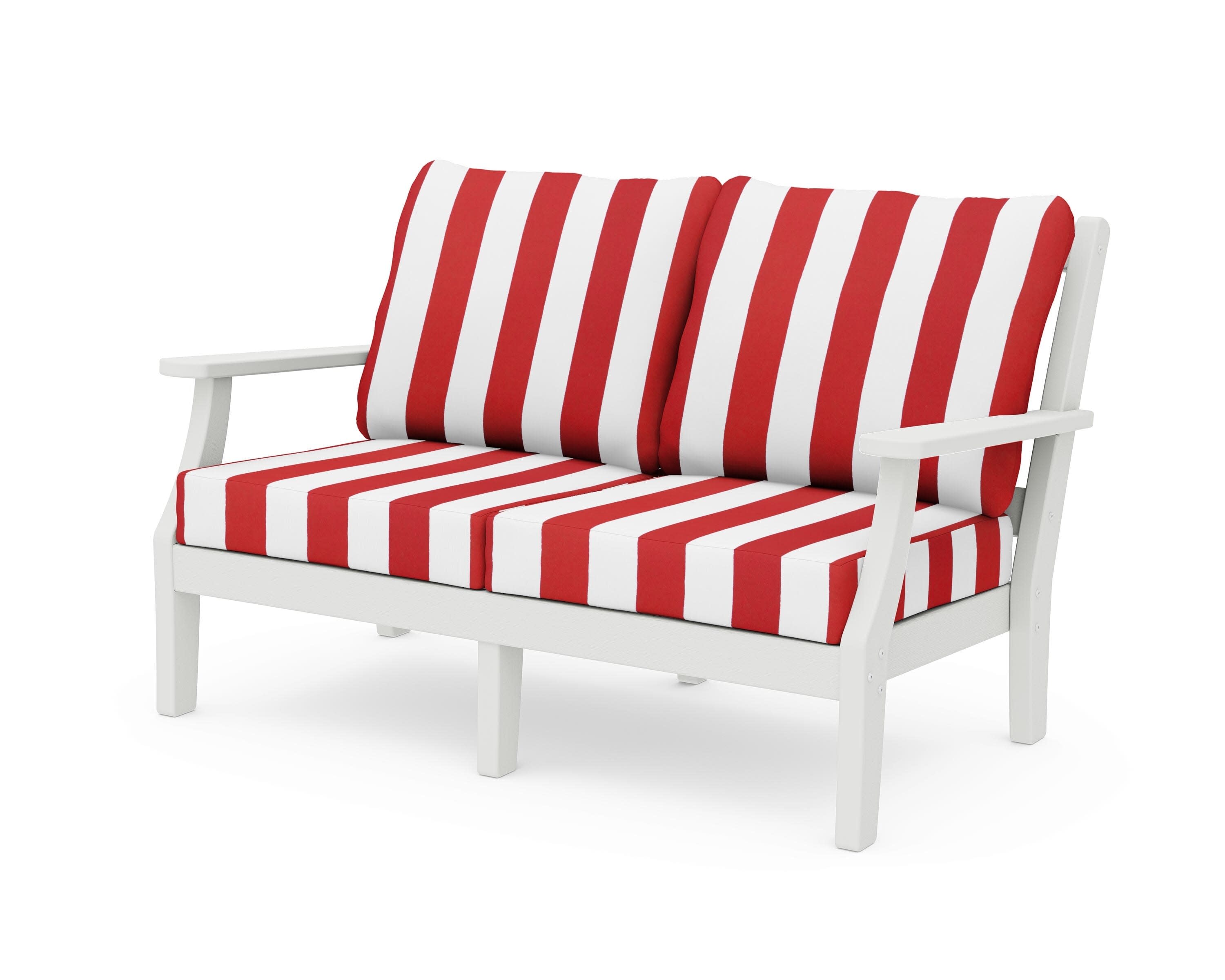 Chinoiserie Deep Seating Loveseat in Vintage White / Cabana Stripe Crimson