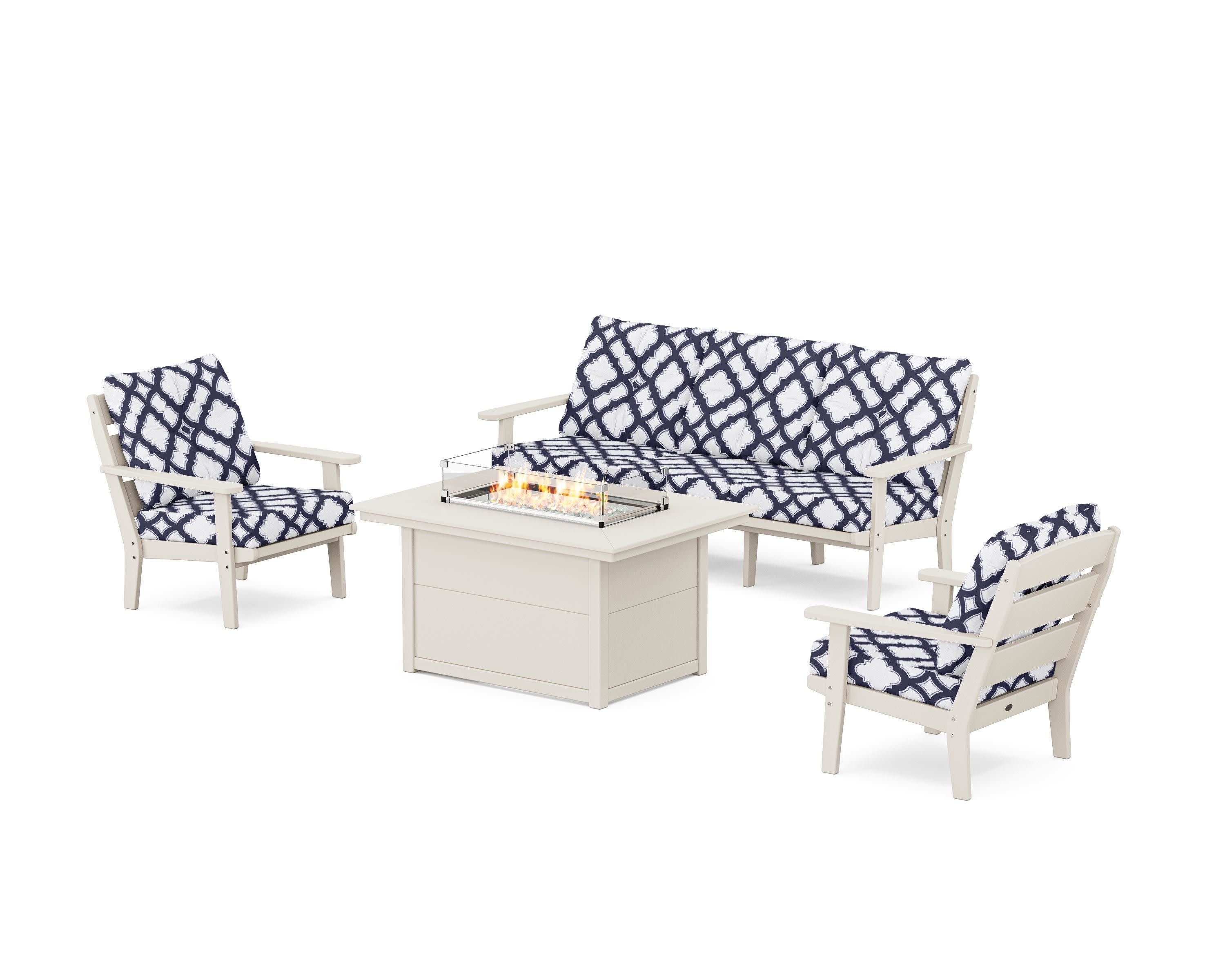 Lakeside Deep Seating Fire Pit Table Set in Sand / Trellis Navy