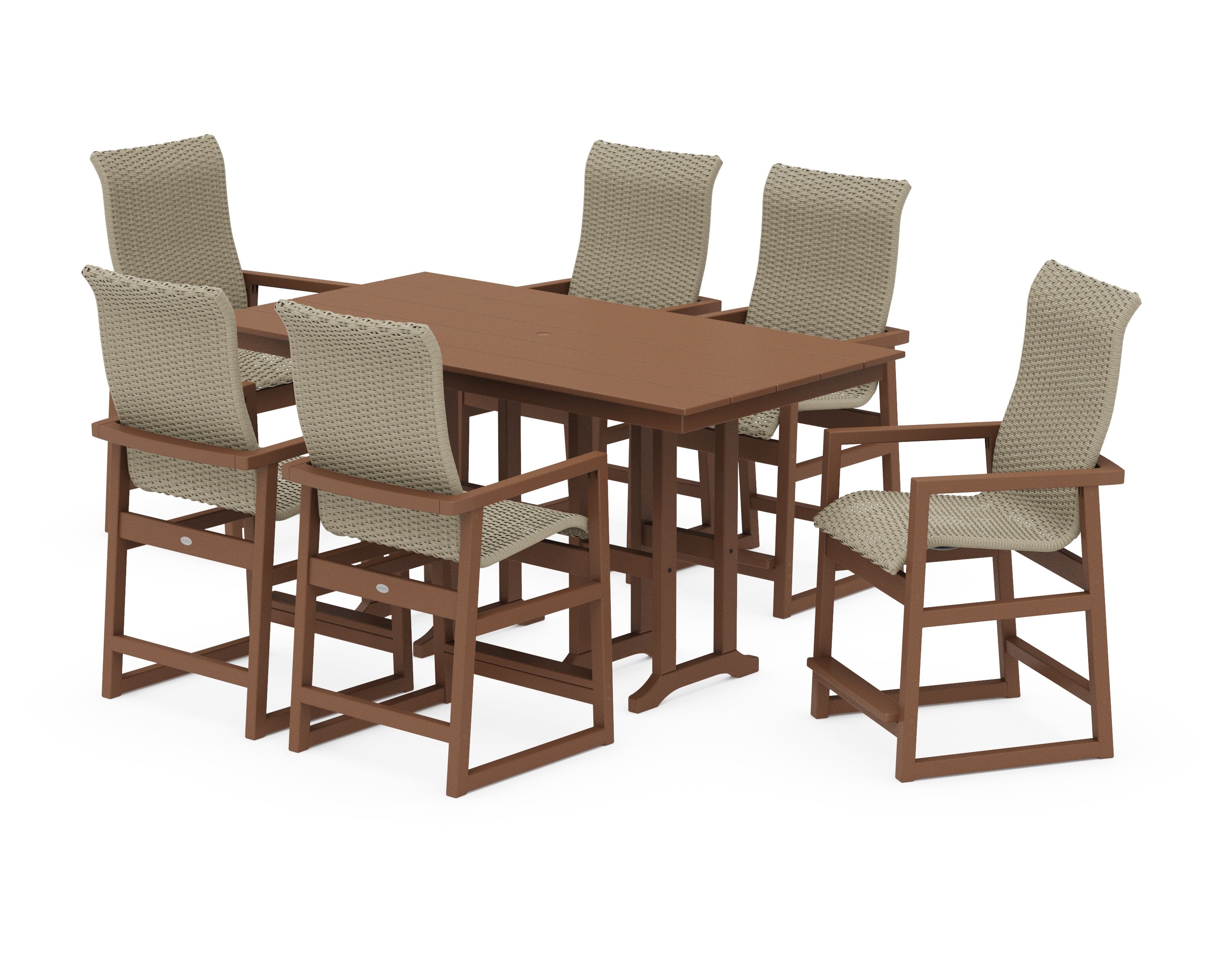 EDGE Woven Highback Arm Chair 7-Piece Farmhouse Counter Set in Teak / Dune Grass