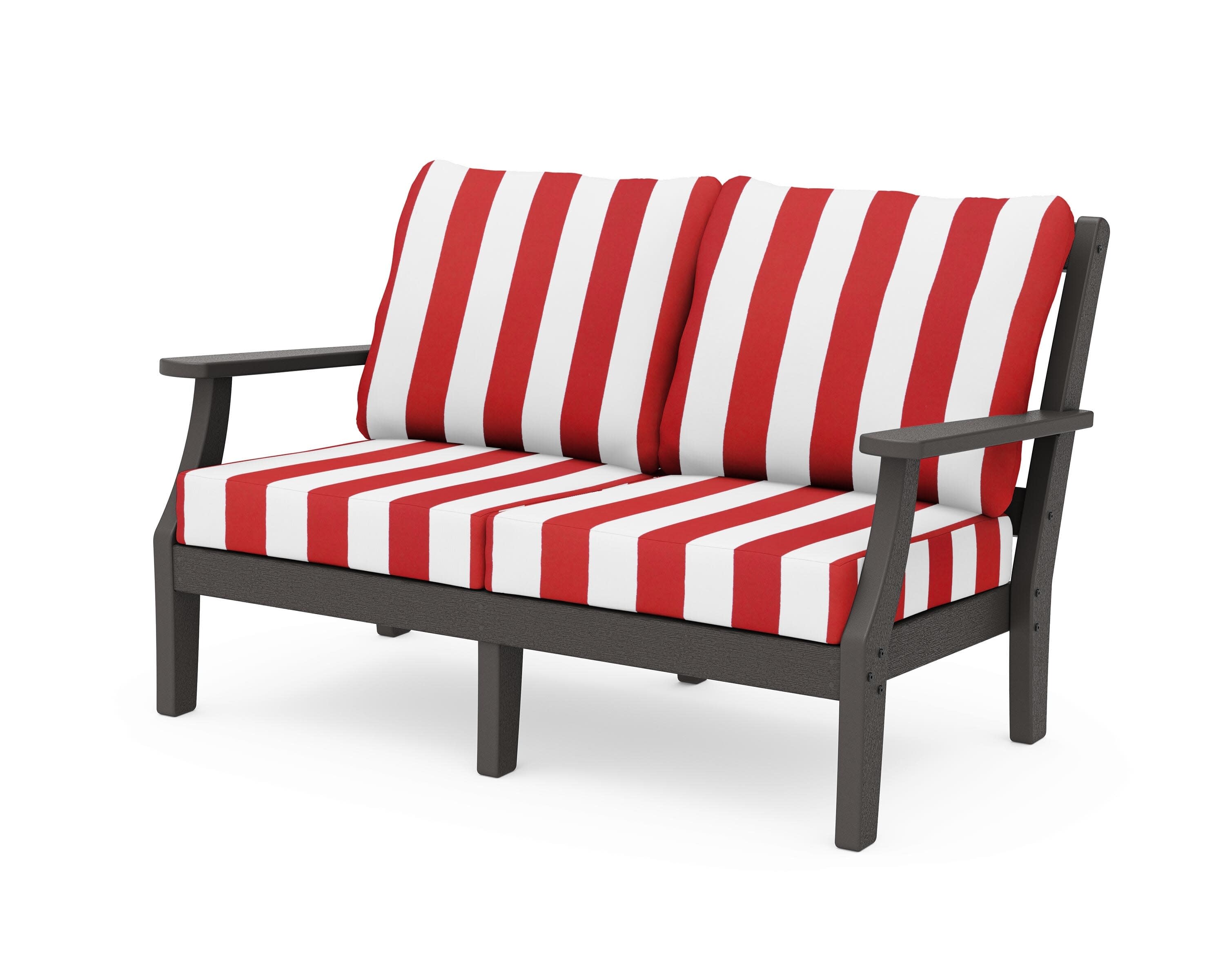 Chinoiserie Deep Seating Loveseat in Vintage Coffee / Cabana Stripe Crimson