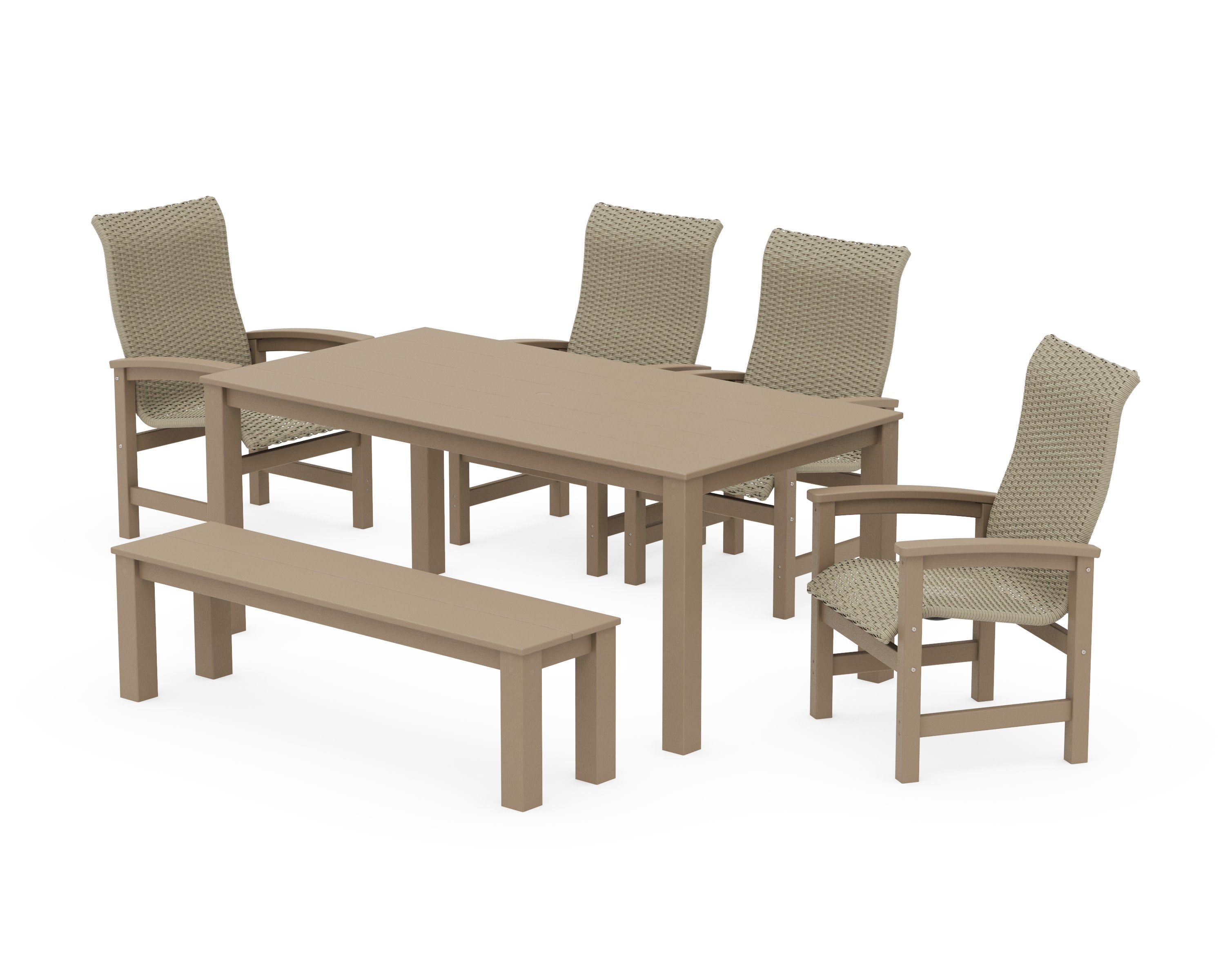Coastal Woven High-Back 6-Piece Parsons Dining Set with Bench in Vintage Sahara / Dune Grass