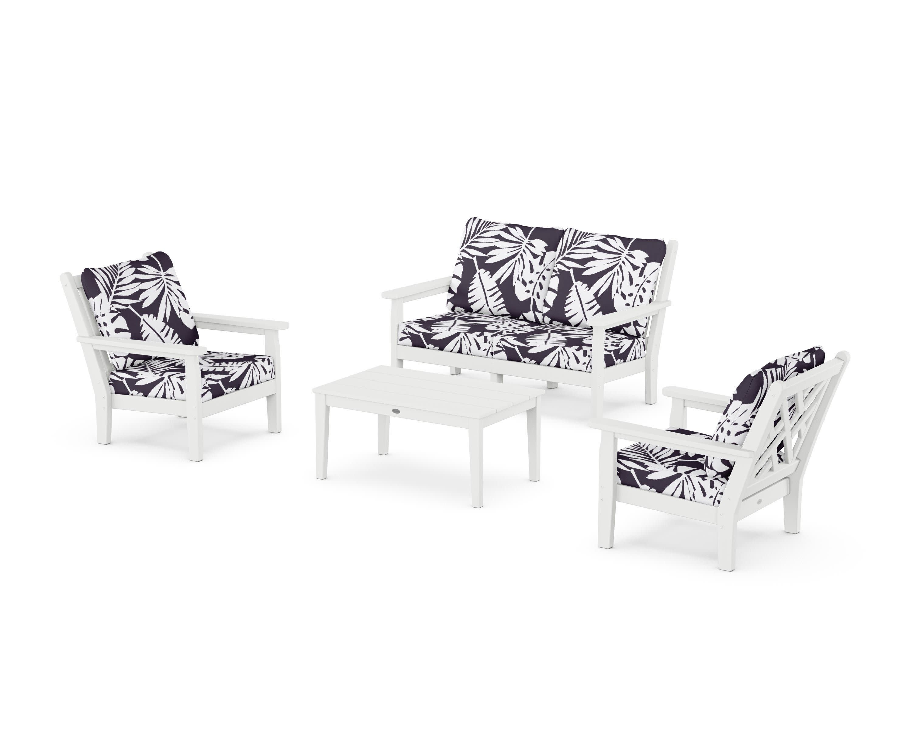 Chippendale 4-Piece Deep Seating Set with Loveseat in White / Leaf Navy