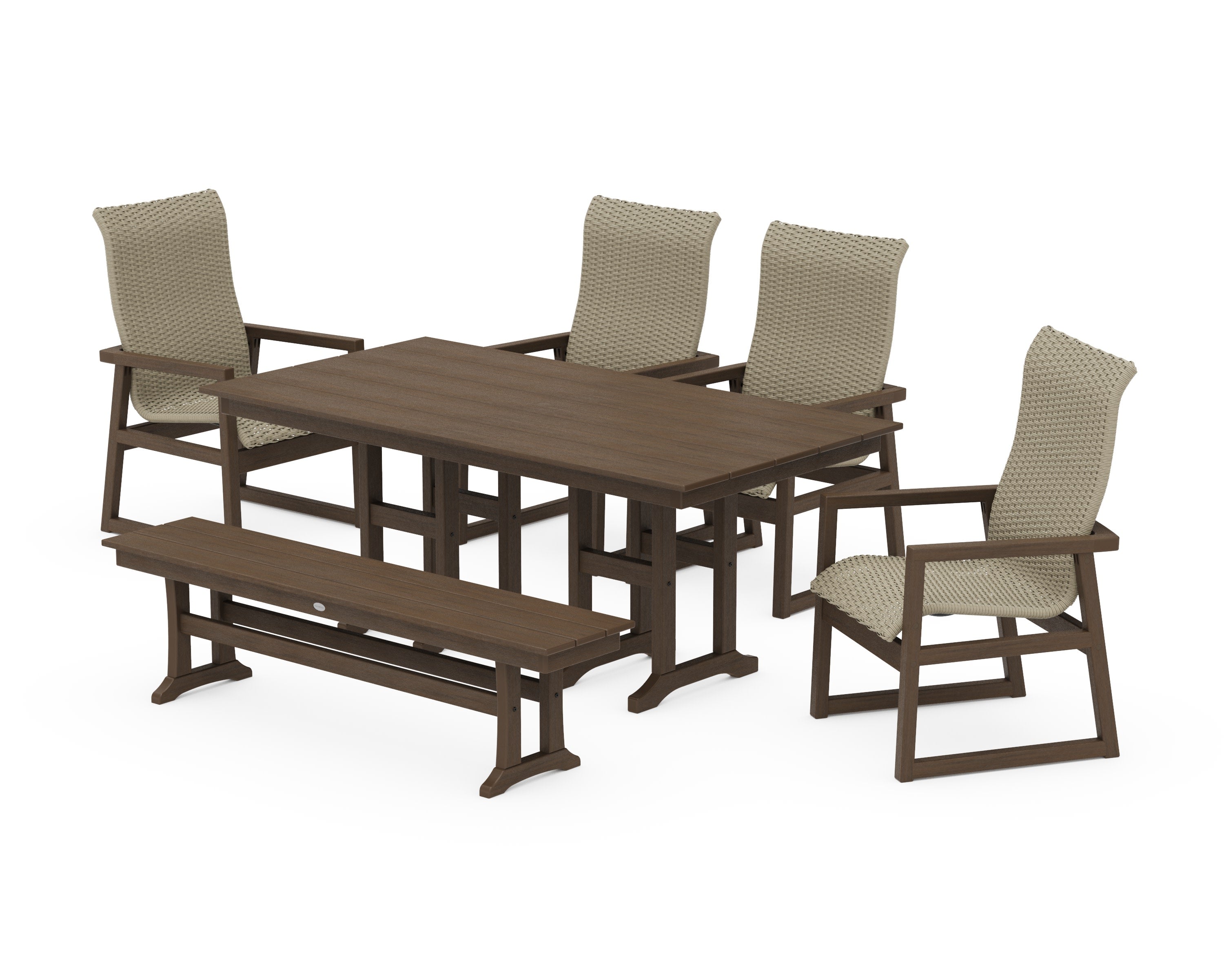 EDGE Woven Highback 6-Piece Farmhouse Dining Set with Bench in Kona / Dune Grass