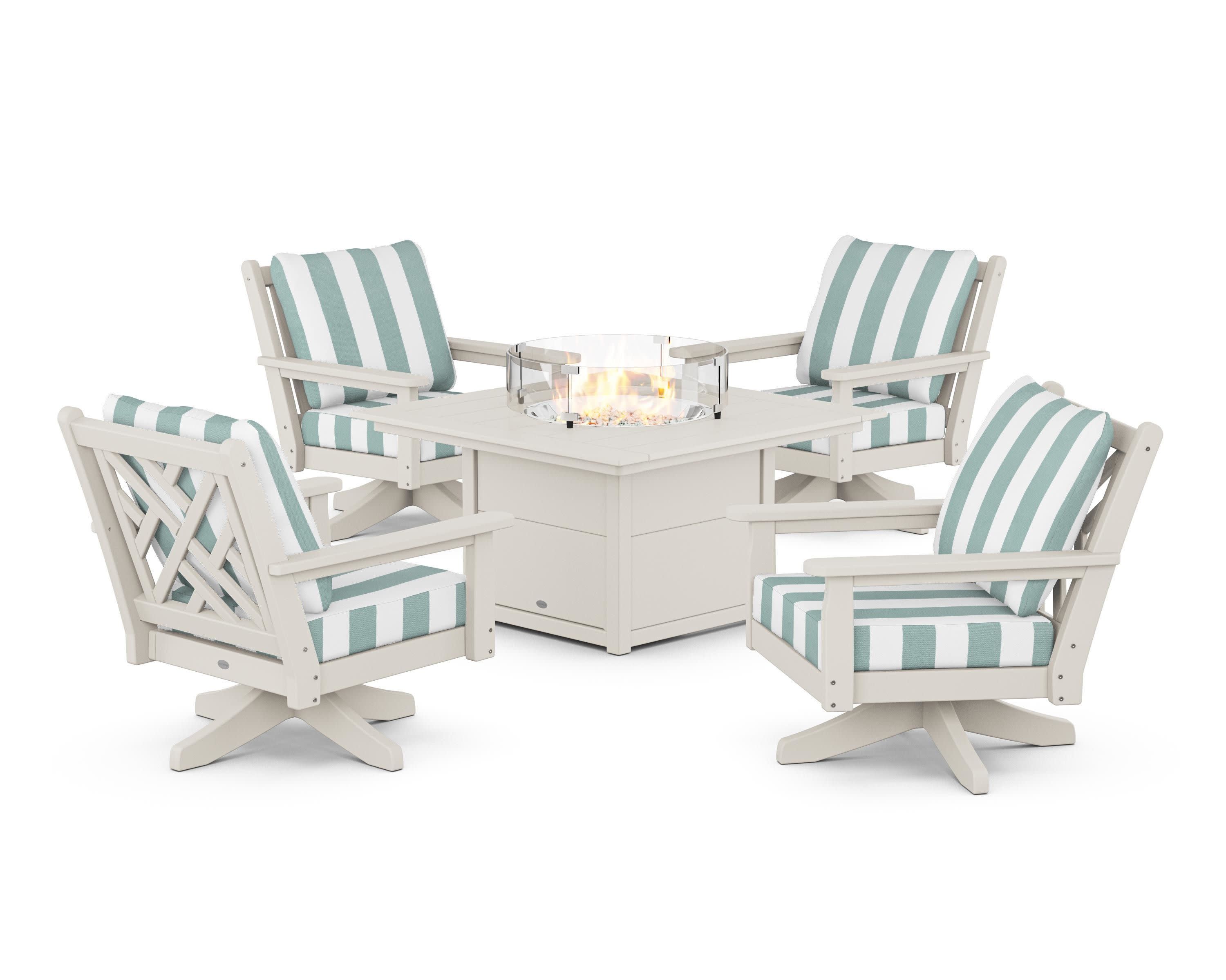 Chippendale 5-Piece Deep Seating Swivel Conversation Set with Fire Pit Table in Sand / Cabana Stripe Glacier Spa