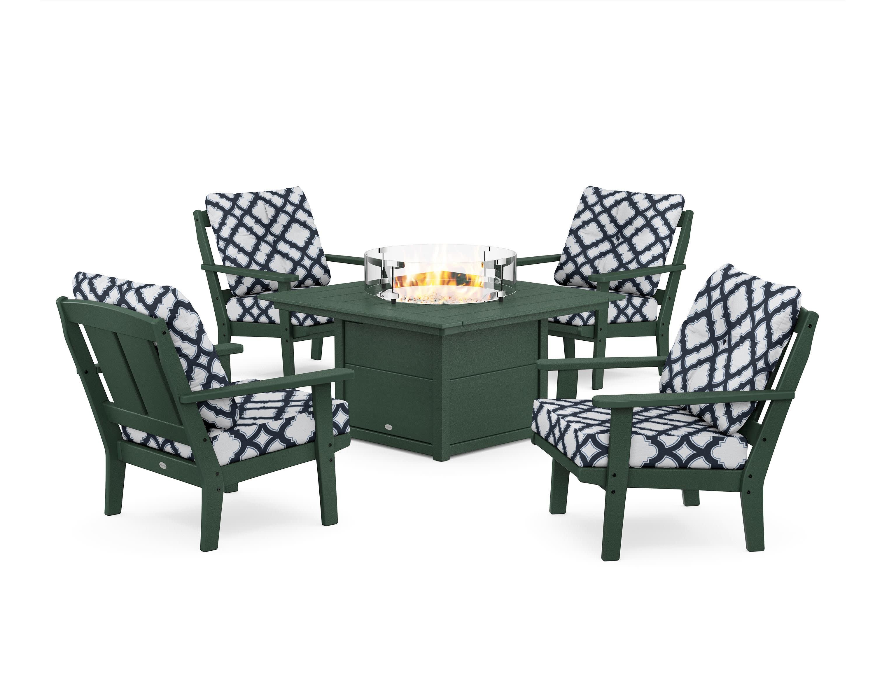 Mission 5-Piece Deep Seating Set with Fire Pit Table in Green / Trellis Marine Indigo