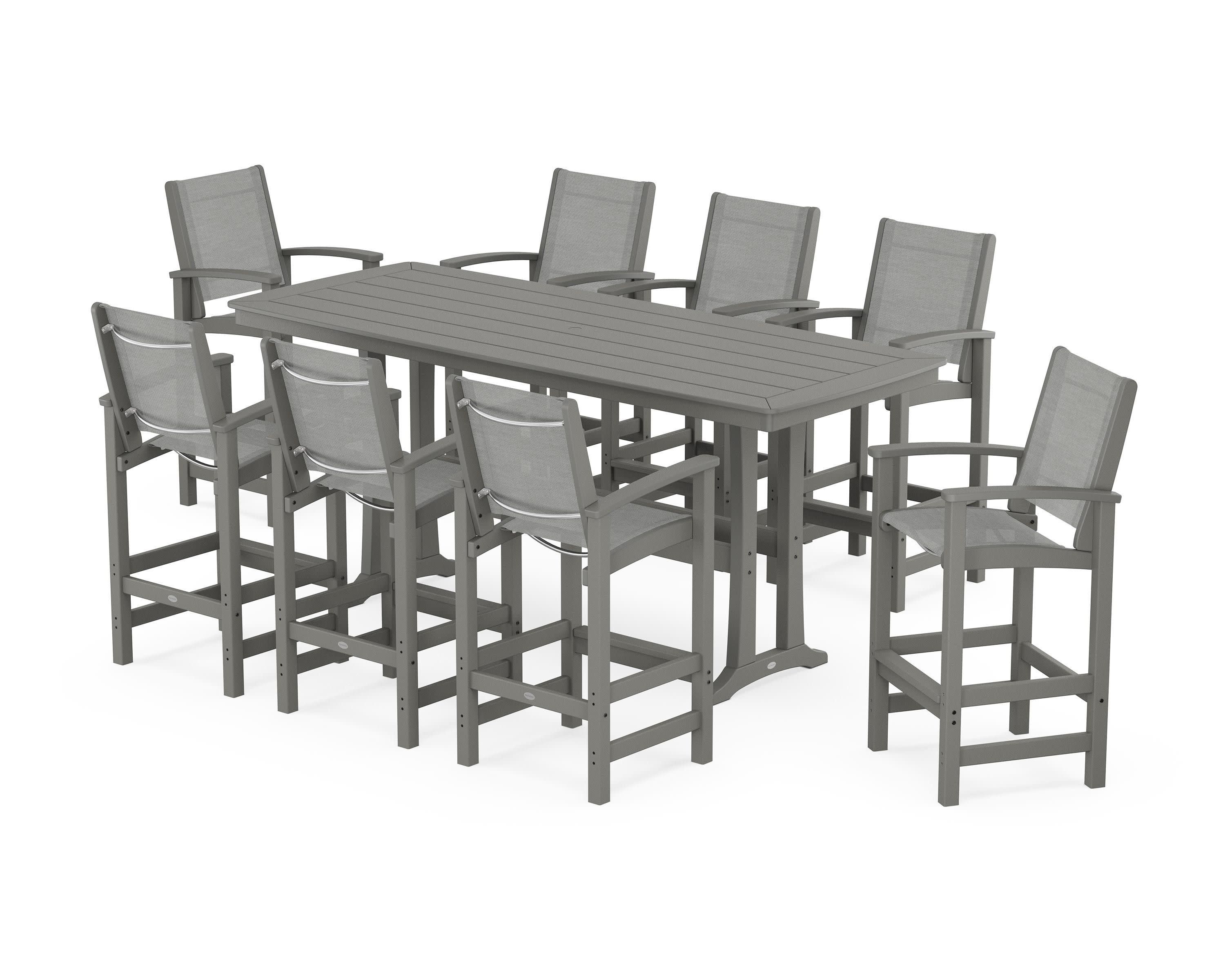 Coastal 9-Piece Bar Set with Trestle Legs in Slate Grey / Metallic Sling