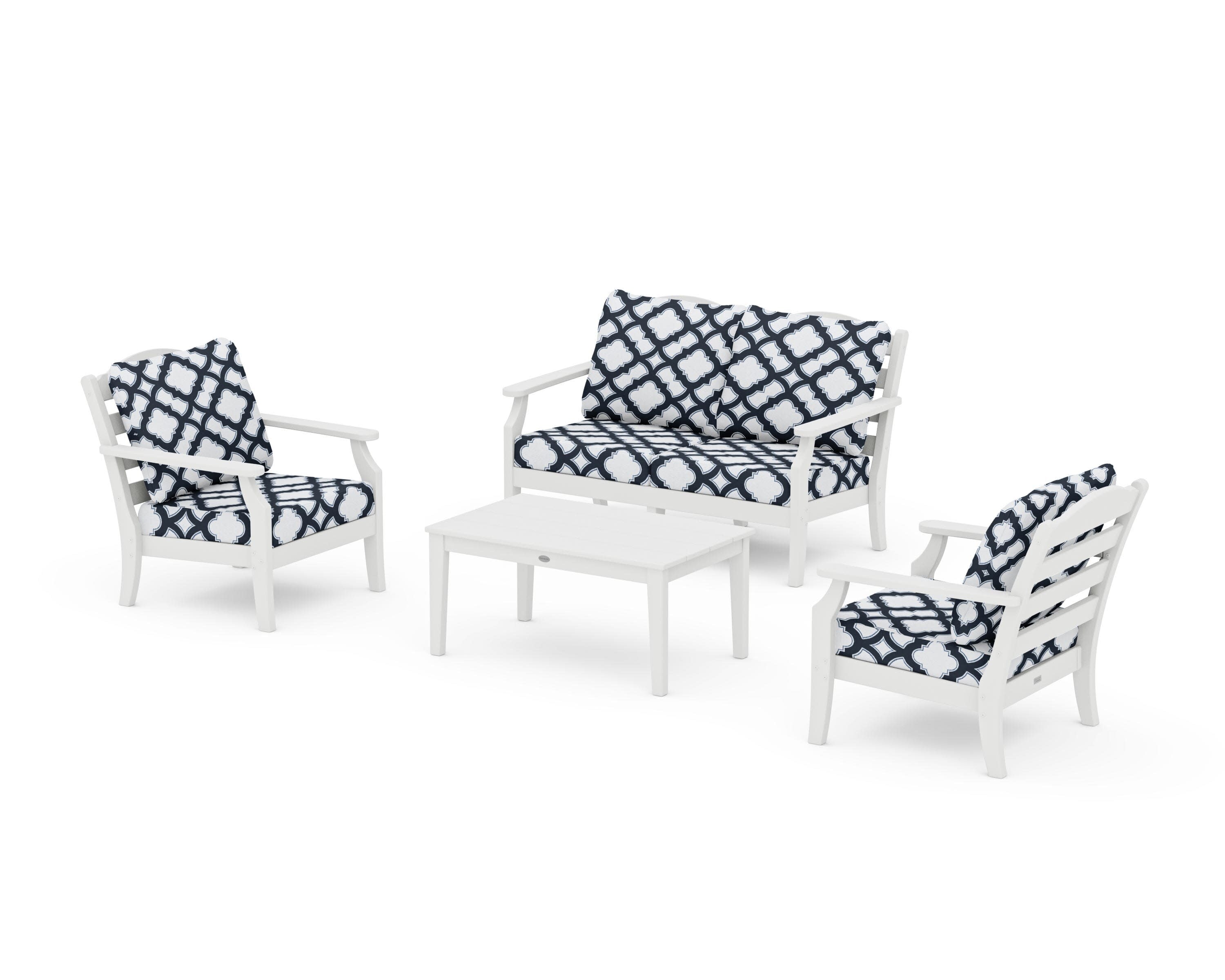 Savannah 4-Piece Deep Seating Set with Loveseat in White / Trellis Marine Indigo