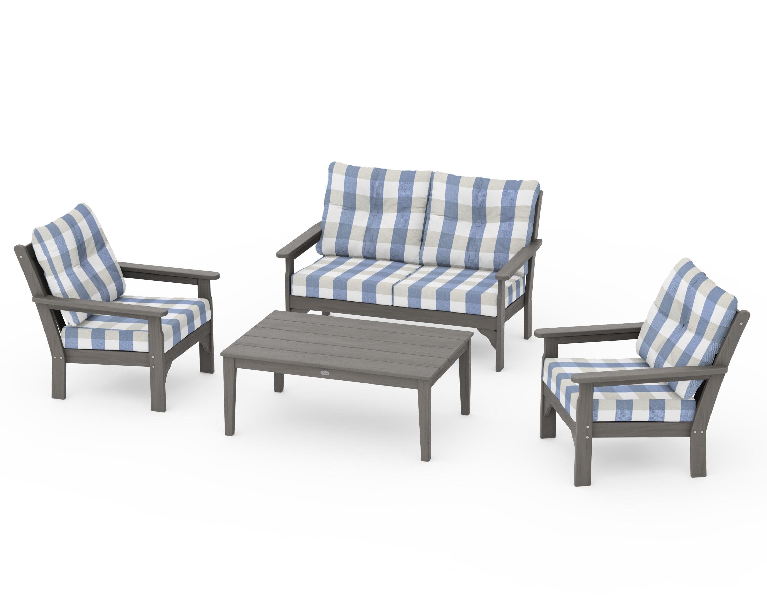 Vineyard 4-Piece Deep Seating Set in Driftwood / Buffalo Plaid Sky Blue