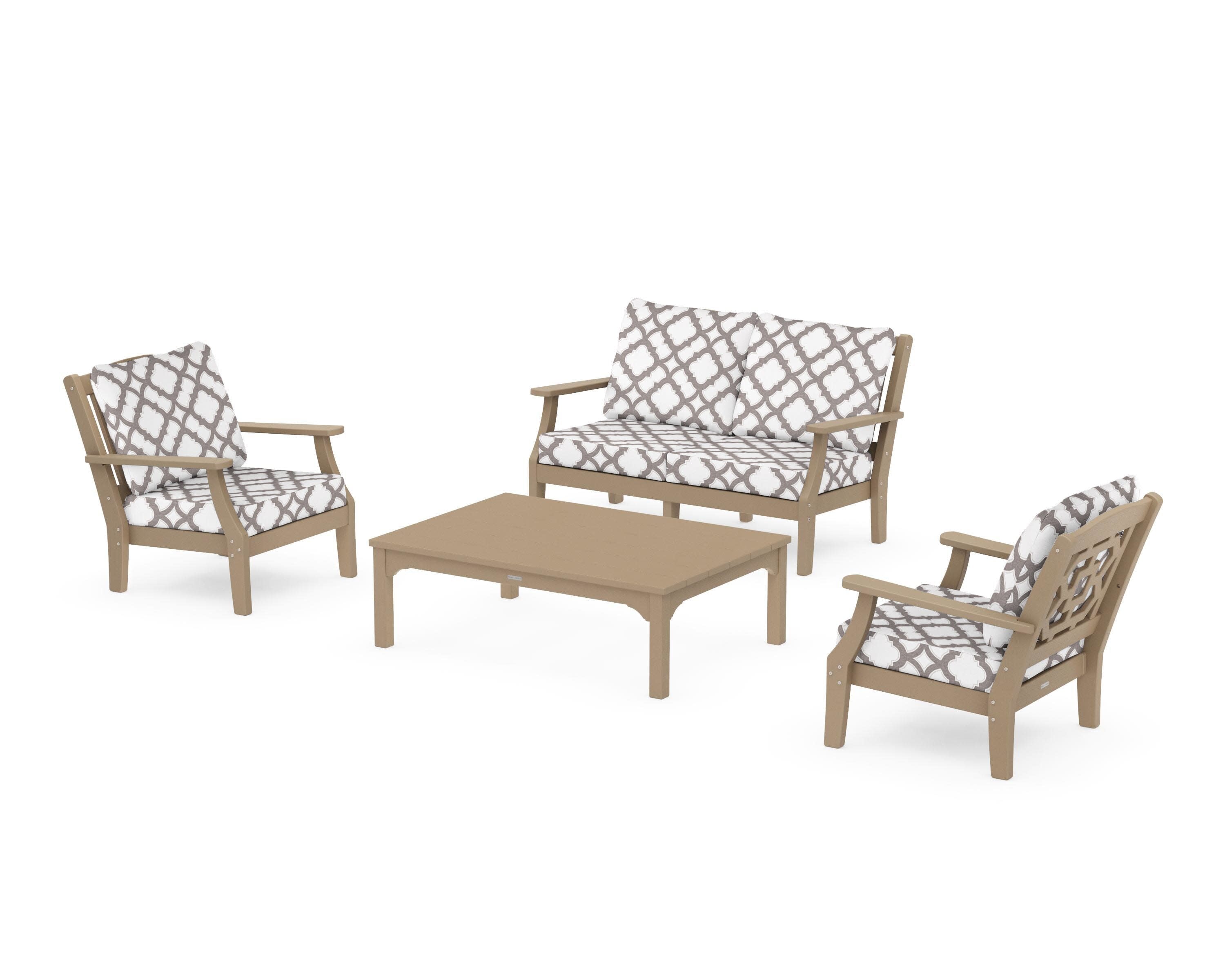 Chinoiserie 4-Piece Deep Seating Set with Loveseat in Vintage Sahara / Trellis Grey Mist