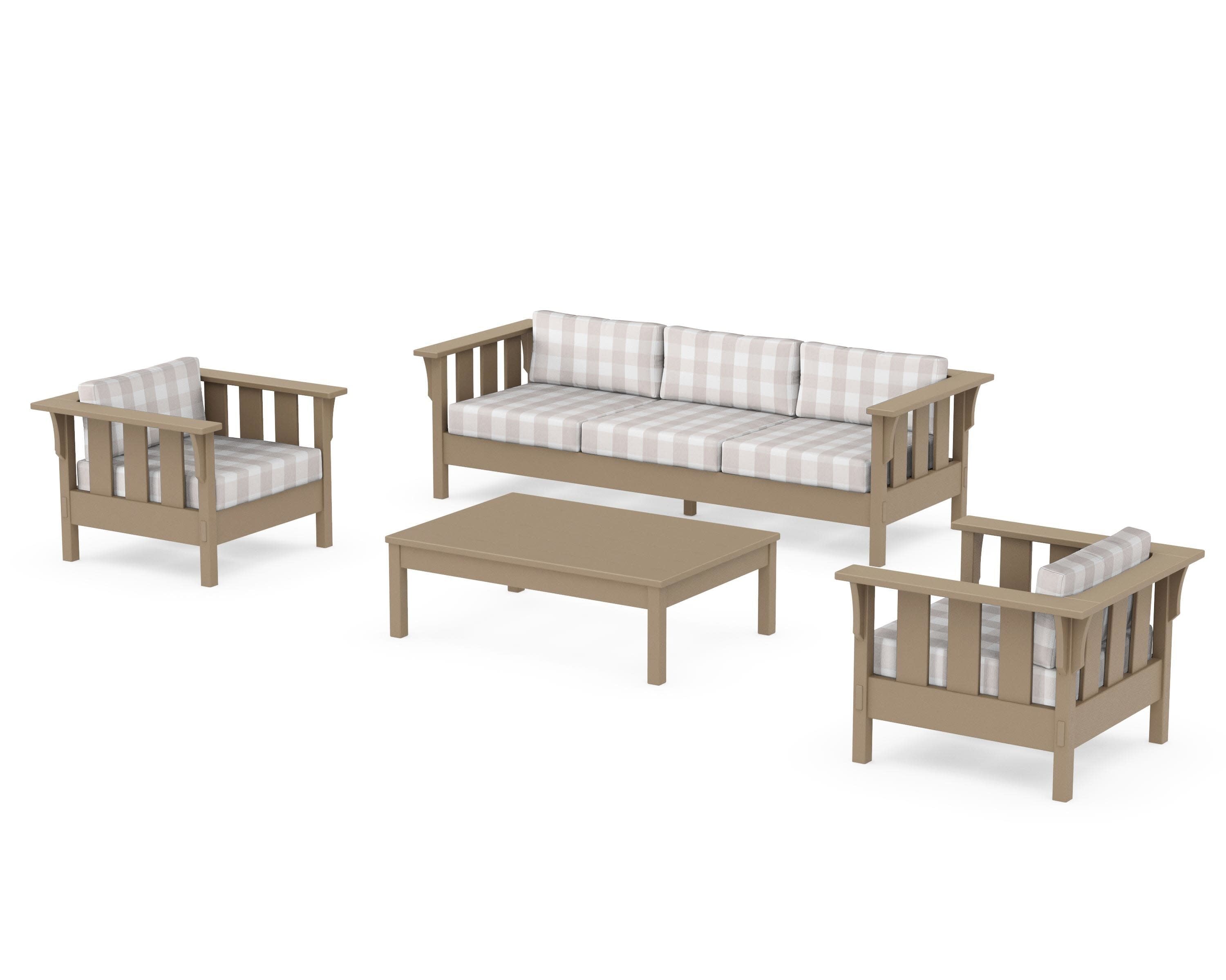 Acadia 4-Piece Deep Seating Set with Sofa in Vintage Sahara / Buffalo Plaid Dune Burlap