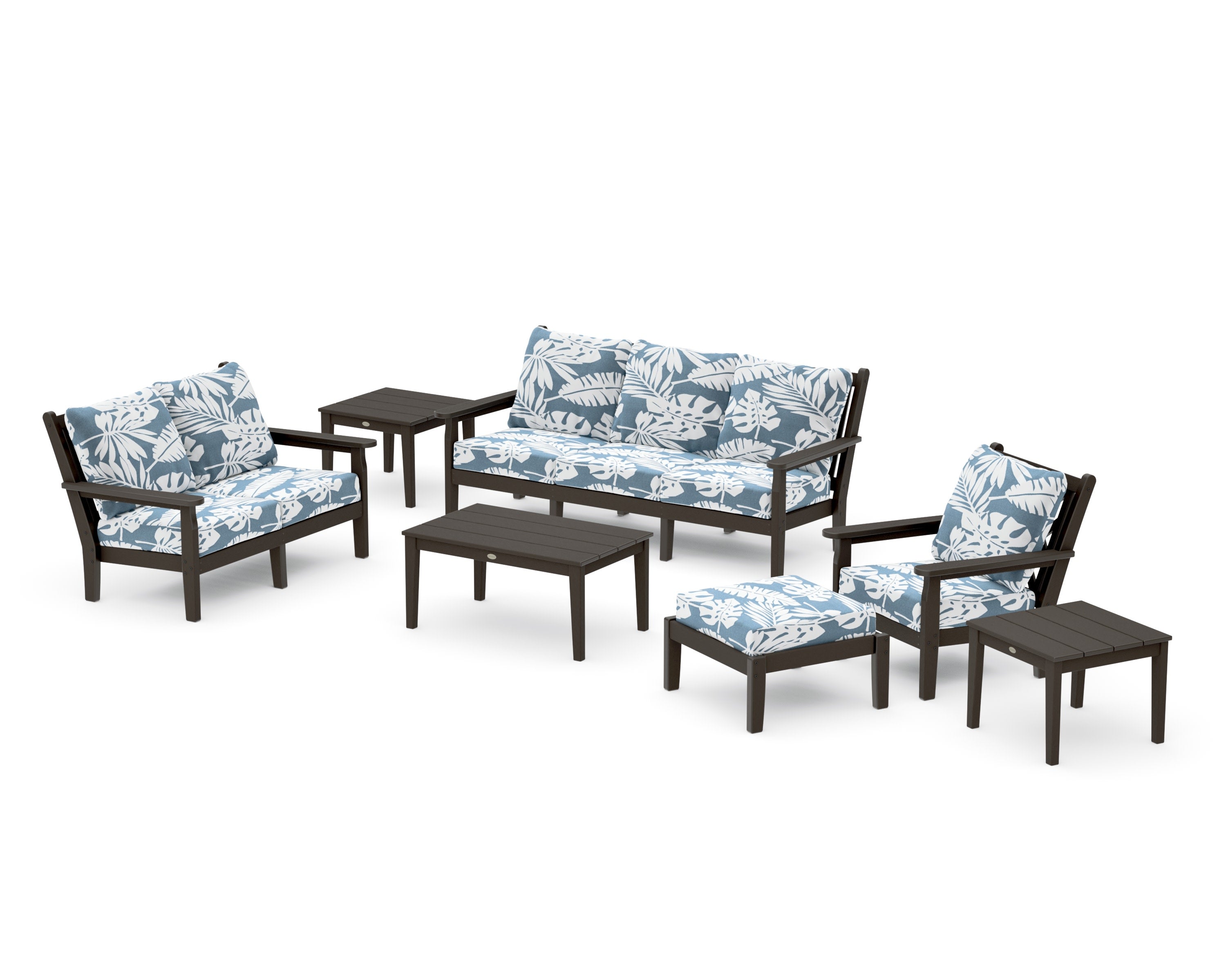 Chippendale 7-Piece Deep Seating Set in Vintage Coffee / Leaf Sky Blue