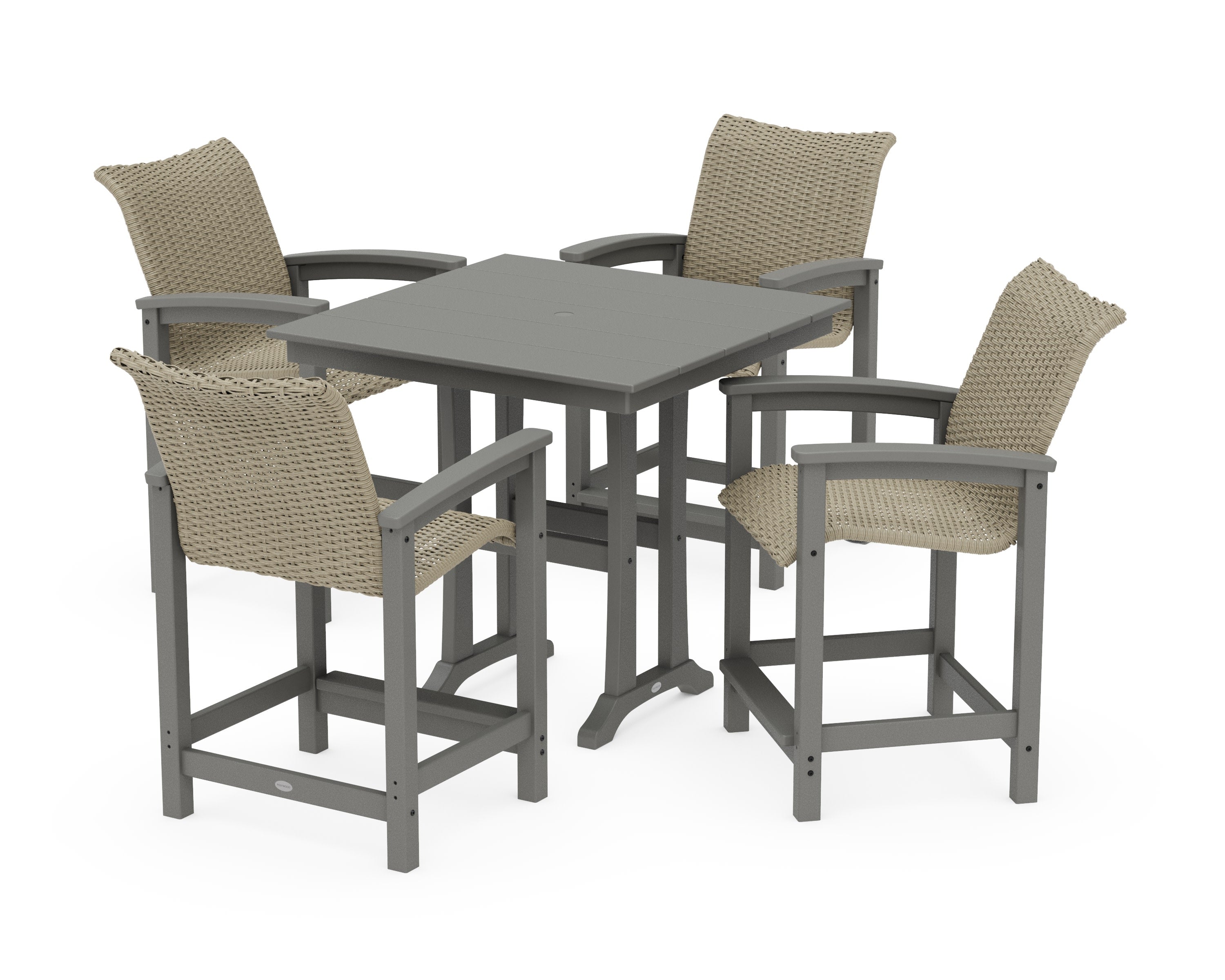 Coastal Woven 5-Piece Farmhouse Counter Set with Trestle Legs in Slate Grey / Dune Grass