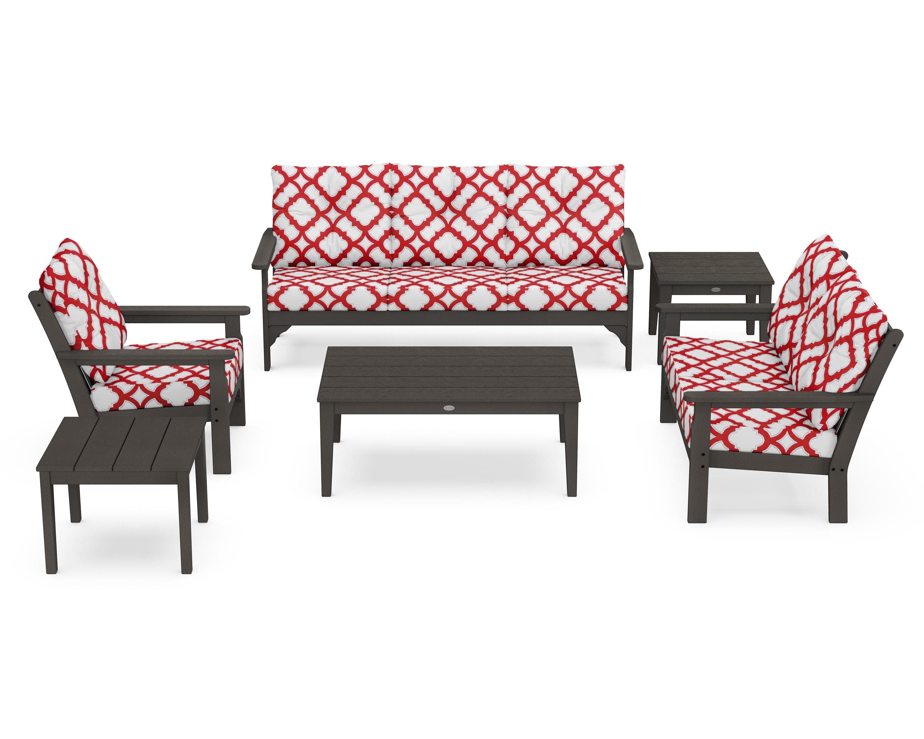 Vineyard 6-Piece Deep Seating Set in Vintage Coffee / Trellis Crimson