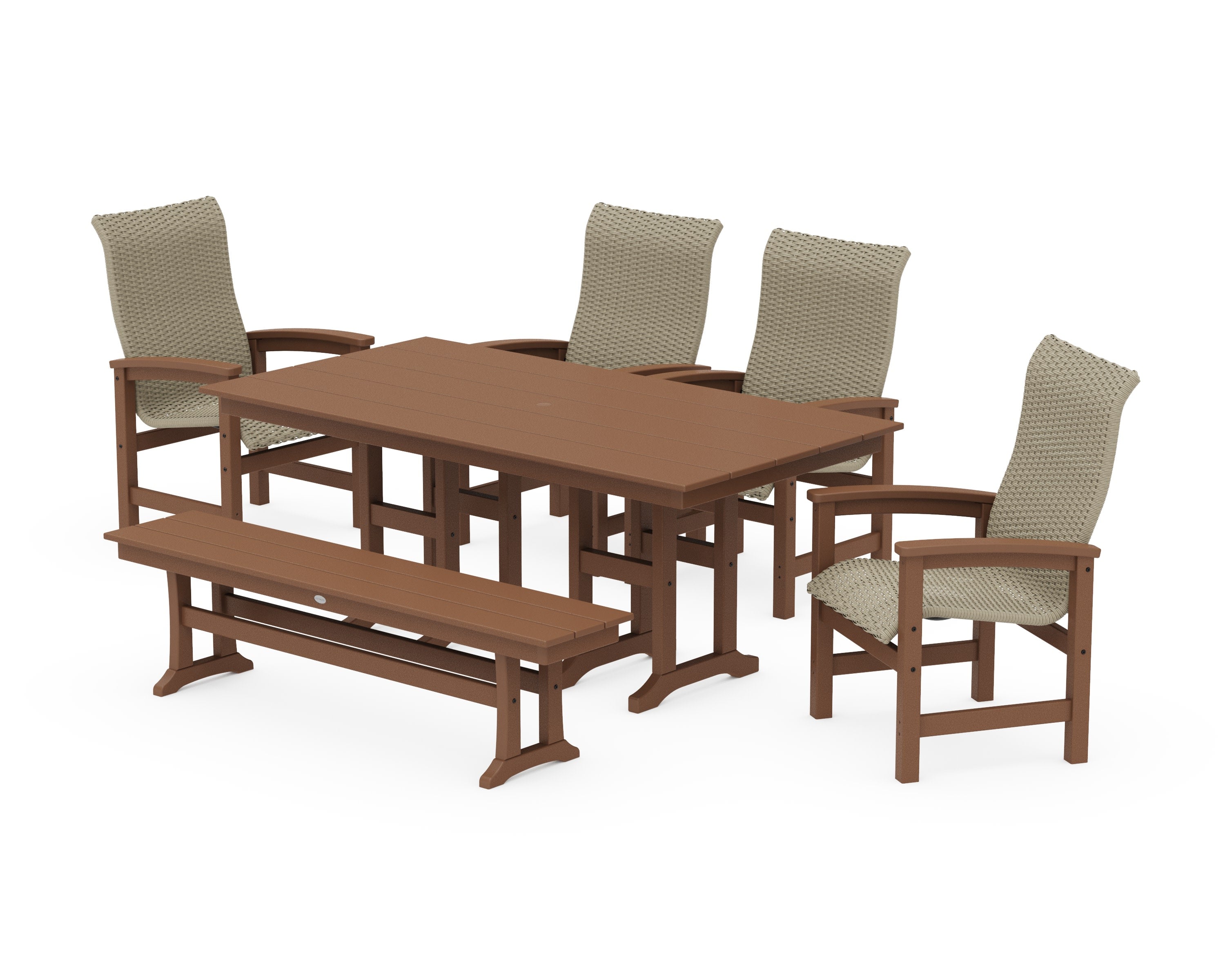 Coastal Woven High-Back 6-Piece Farmhouse Dining Set with Bench in Teak / Dune Grass