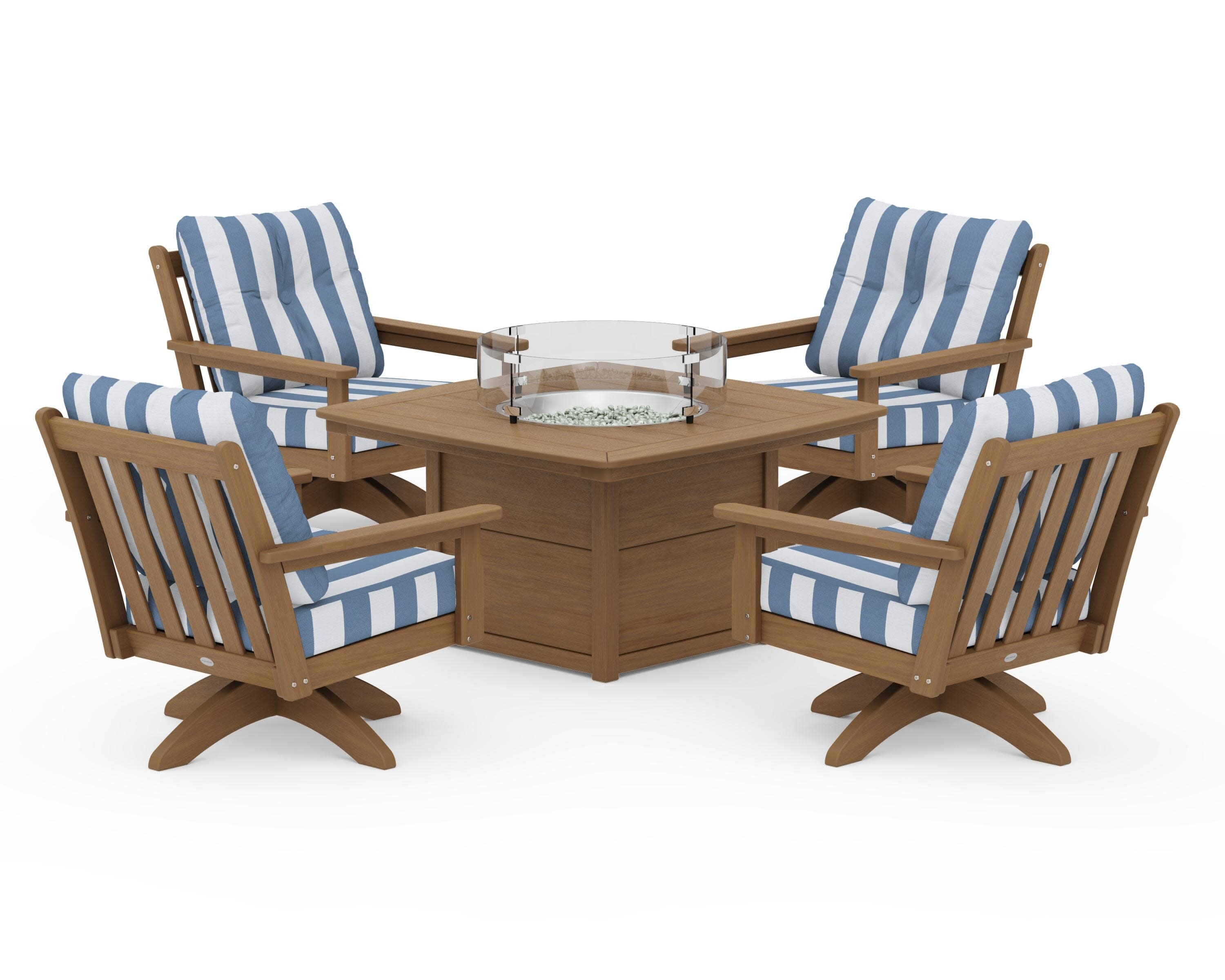 Vineyard 5-Piece Deep Seating Swivel Conversation Set with Fire Pit Table in Natural / Cabana Stripe Sky Blue