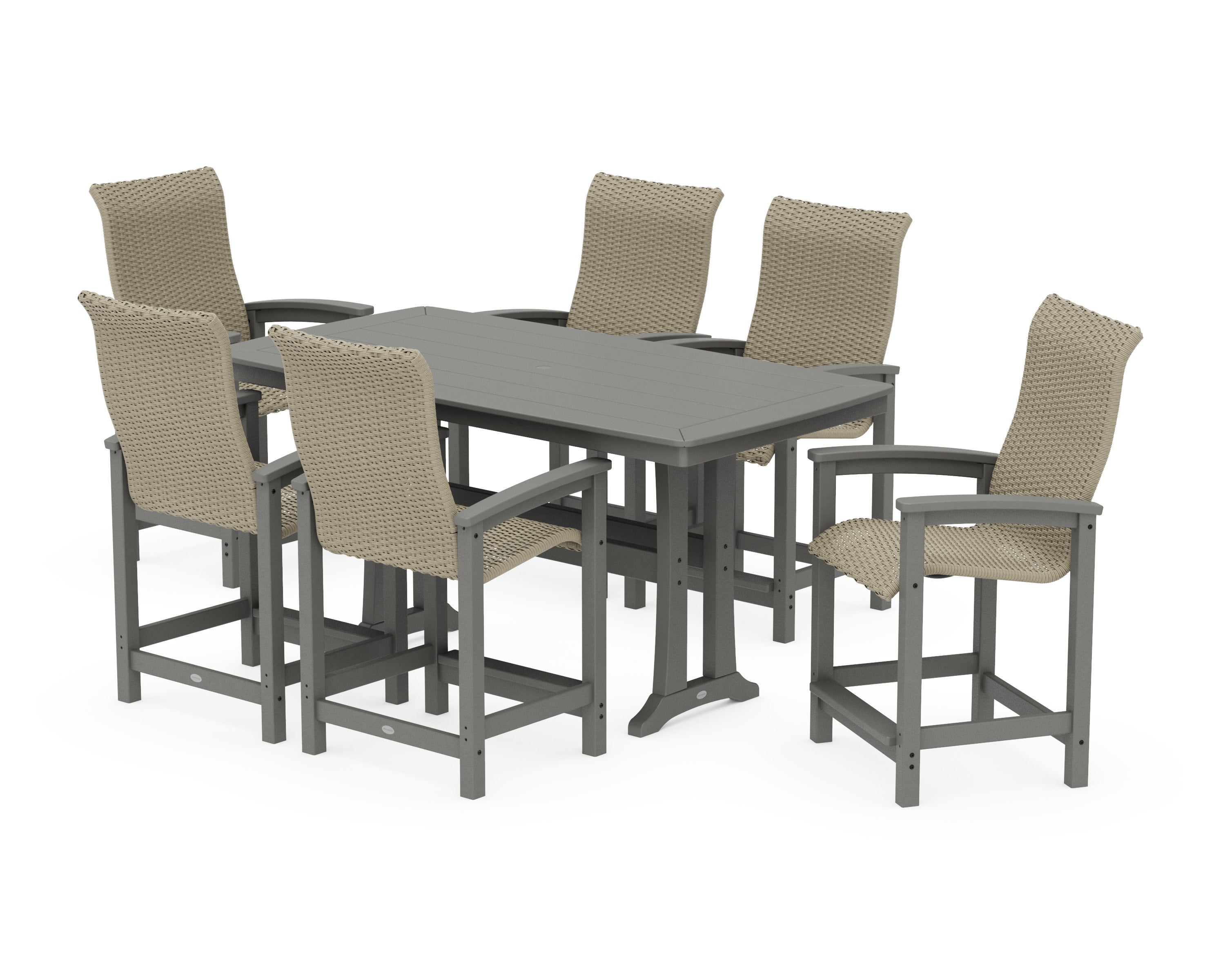 Coastal Woven High-Back Arm Chair 7-Piece Counter Set with Trestle Legs in Slate Grey / Dune Grass