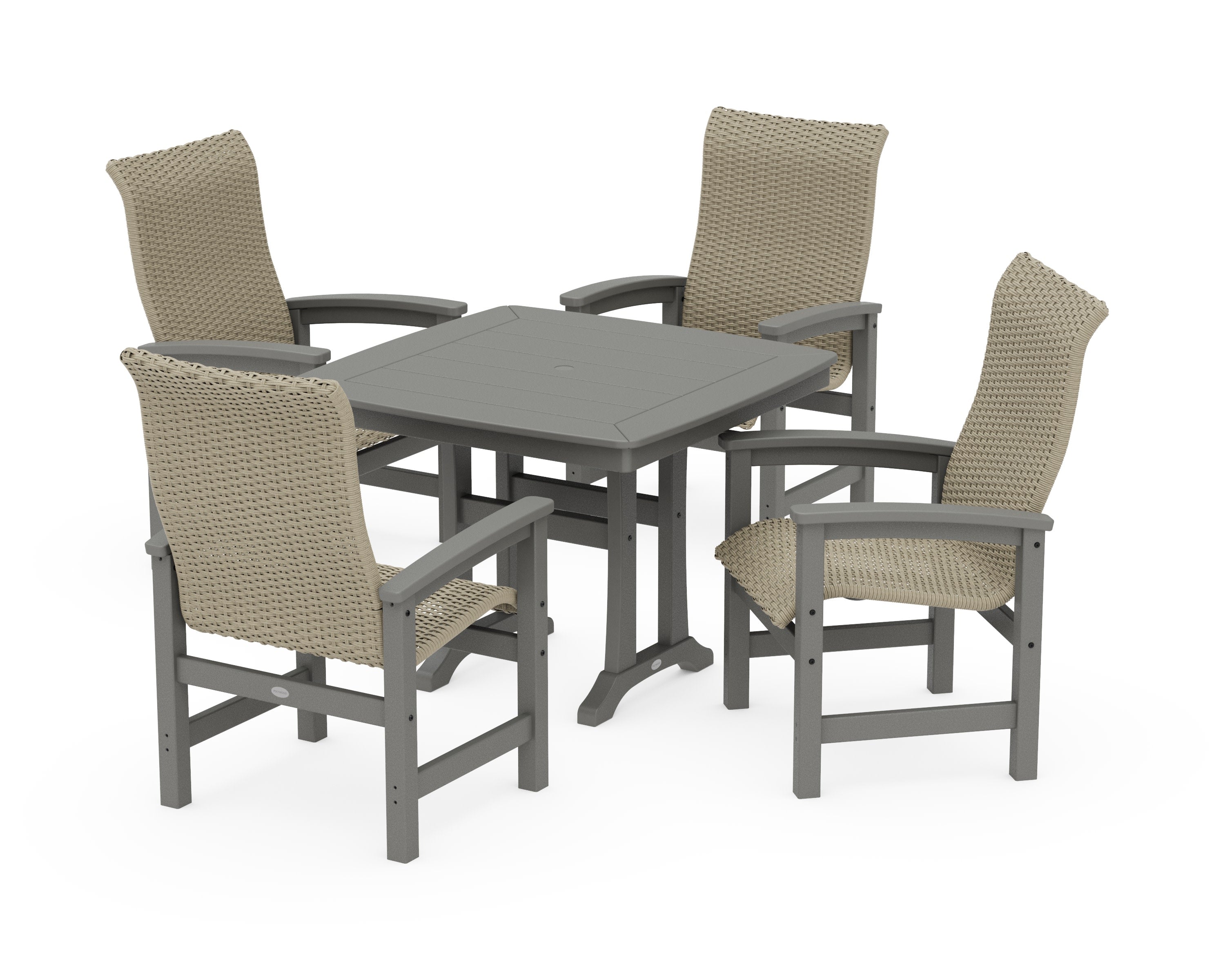 Coastal Woven High-Back 5-Piece Dining Set with Trestle Legs in Slate Grey / Dune Grass
