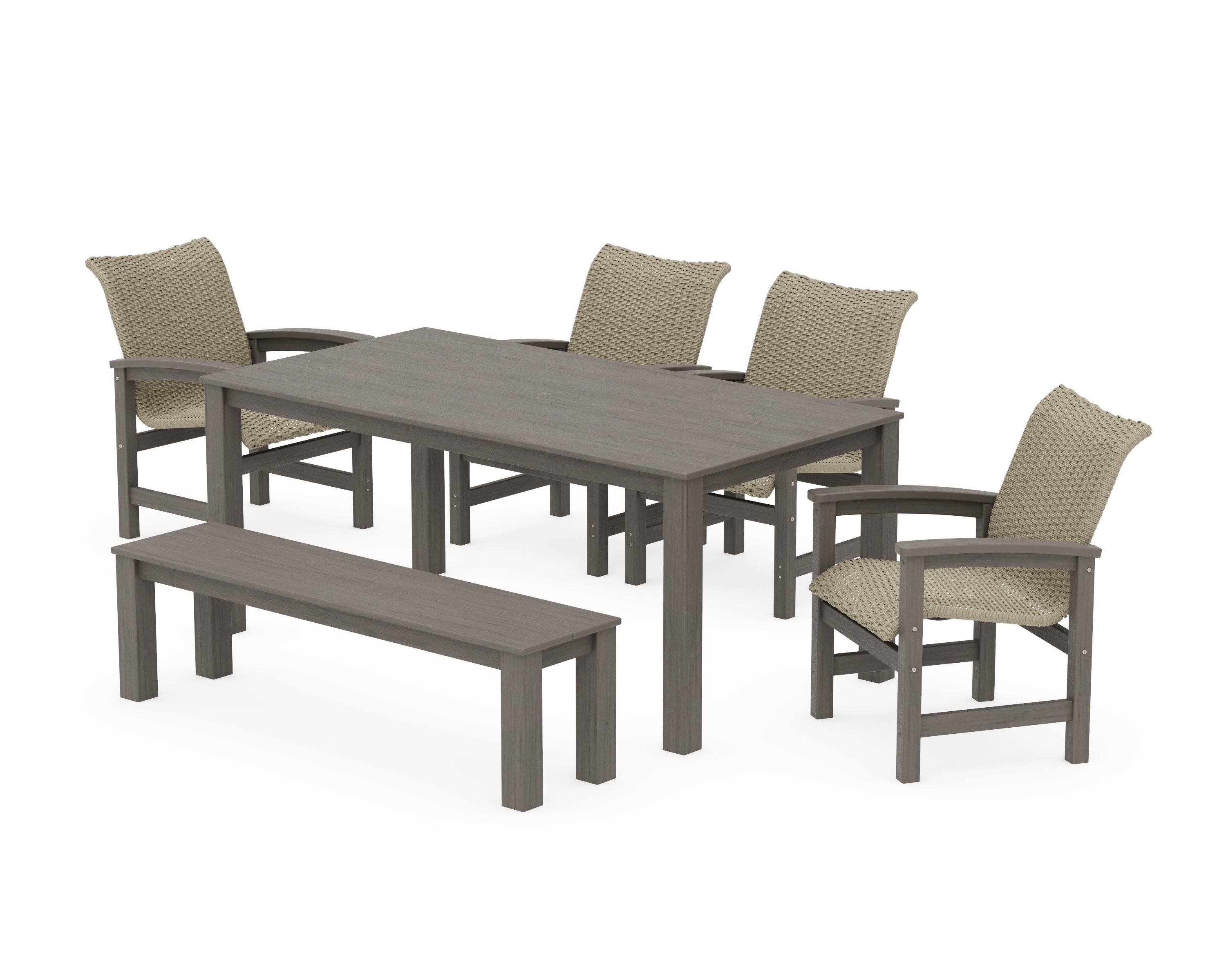 Coastal Woven 6-Piece Parsons Dining Set with Bench in Driftwood / Dune Grass