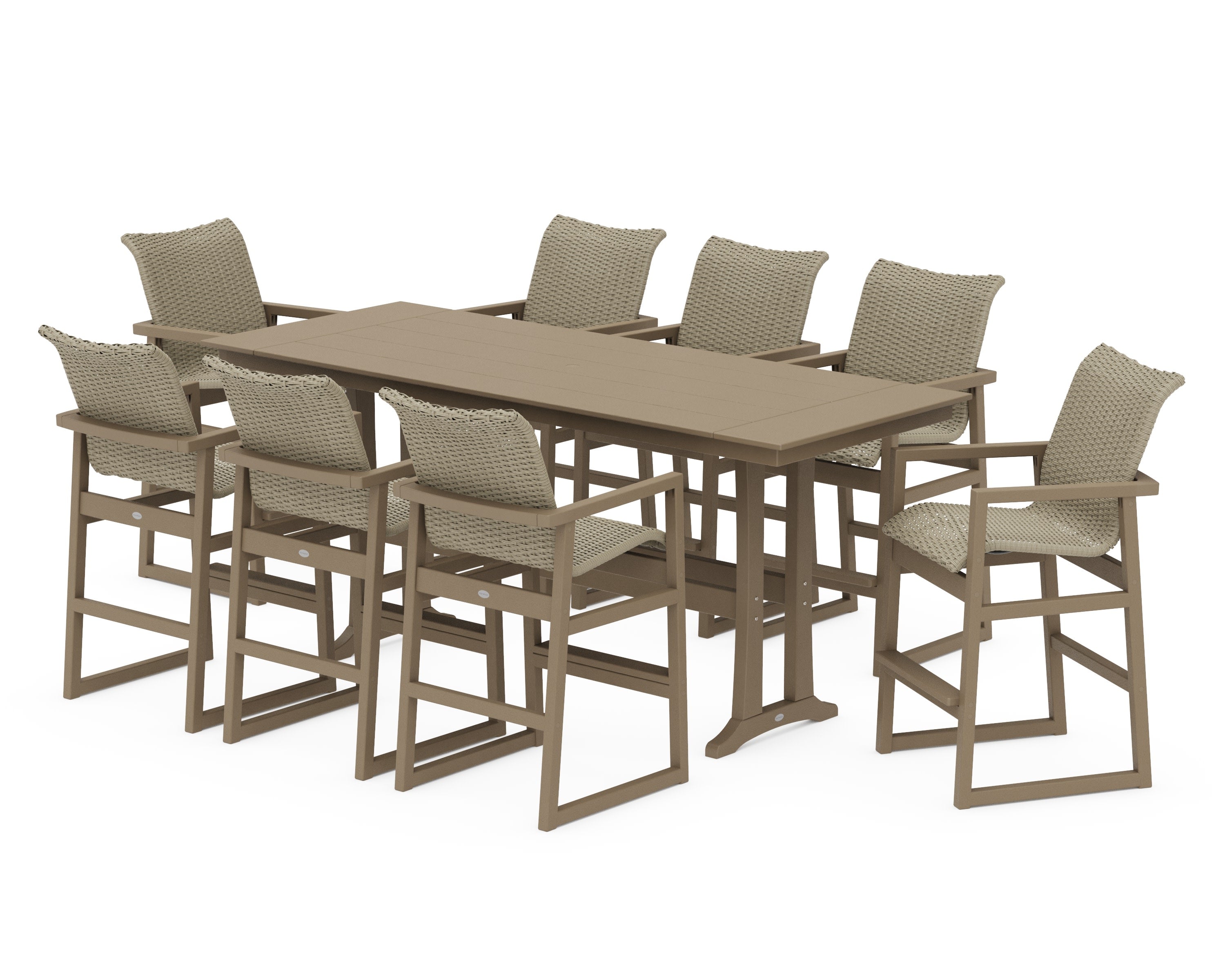 EDGE Woven 9-Piece Farmhouse Bar Set with Trestle Legs in Vintage Sahara / Dune Grass