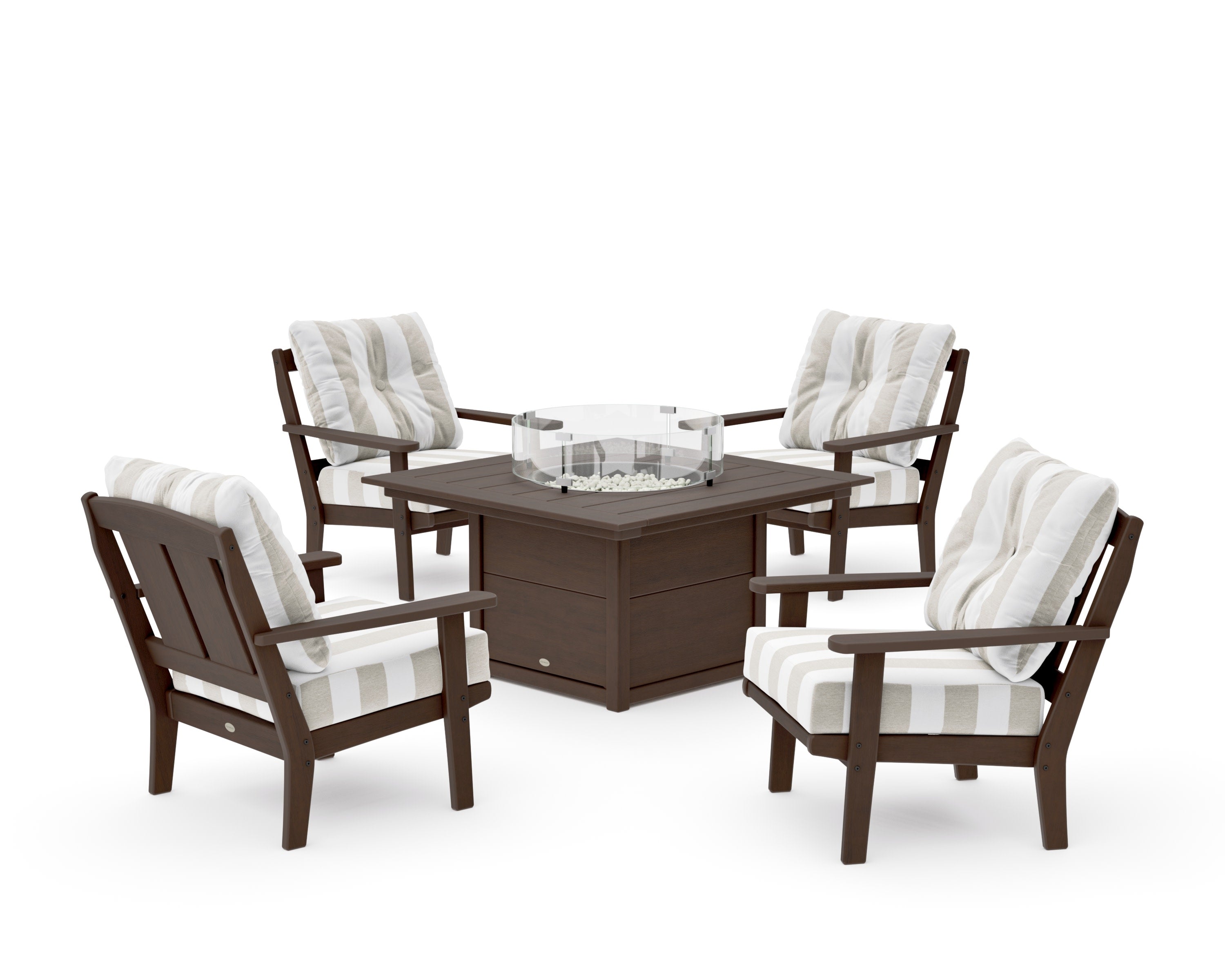 Mission 5-Piece Deep Seating Set with Fire Pit Table in Kona / Cabana Stripe Dune Burlap