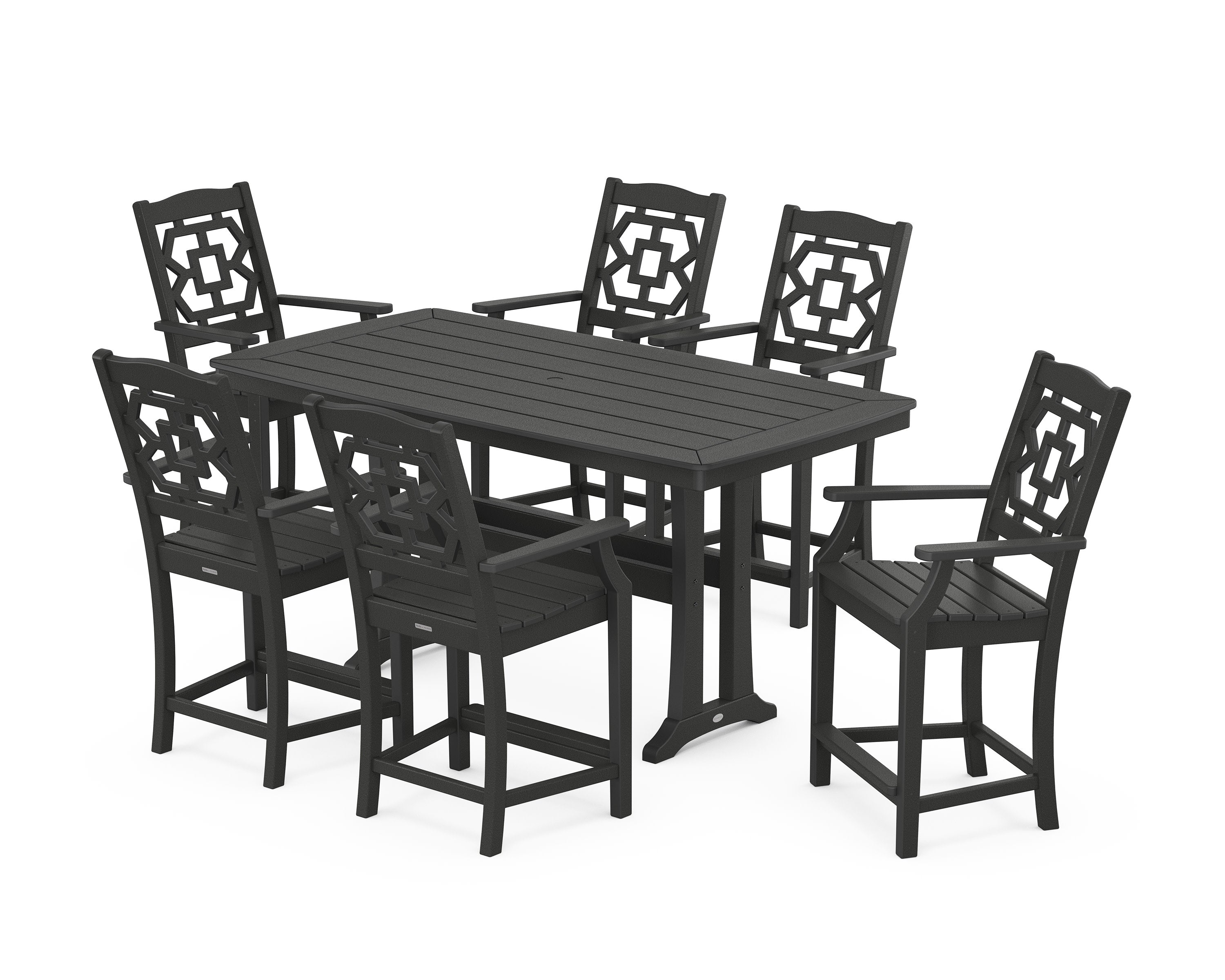 Chinoiserie Arm Chair 7-Piece Counter Set with Trestle Legs in Black
